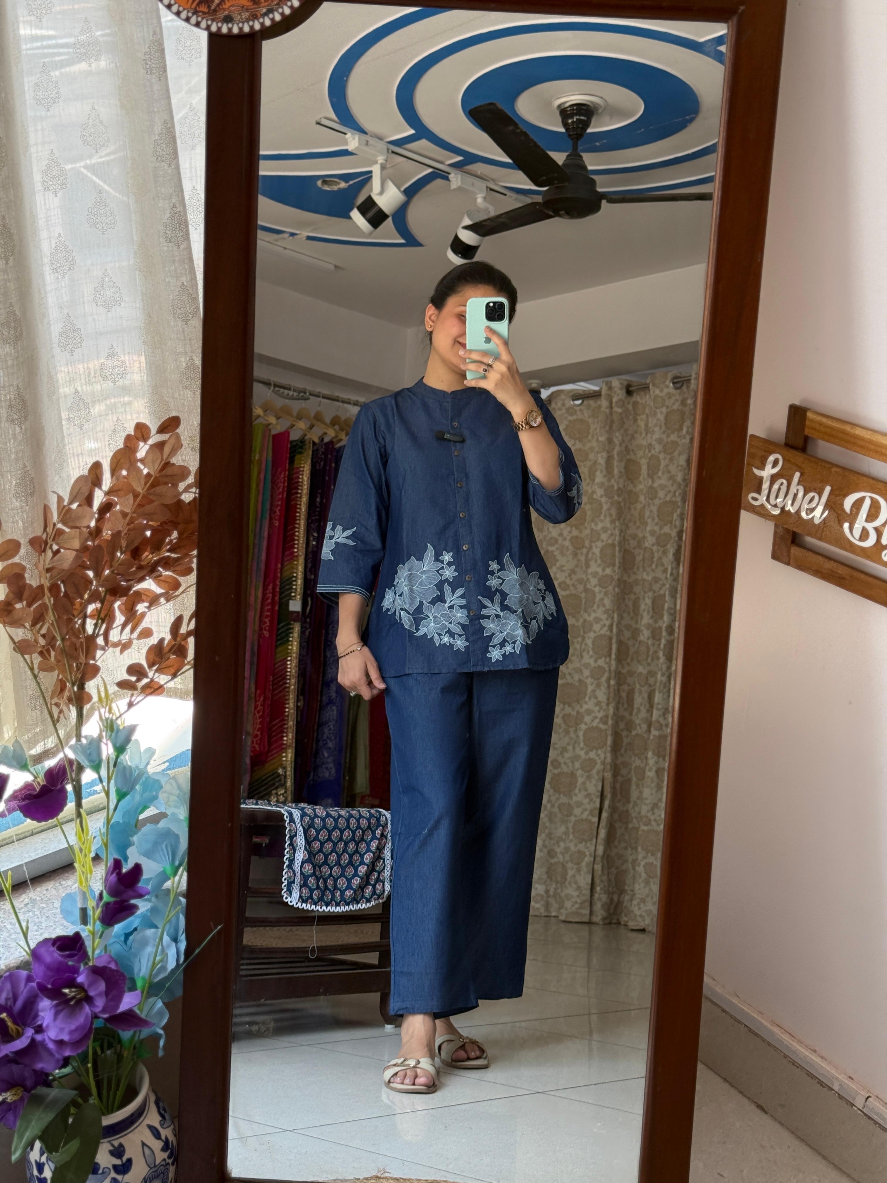 Denim Embroidered Co-Ord Set for Women | Blue Cotton Co-Ord Set