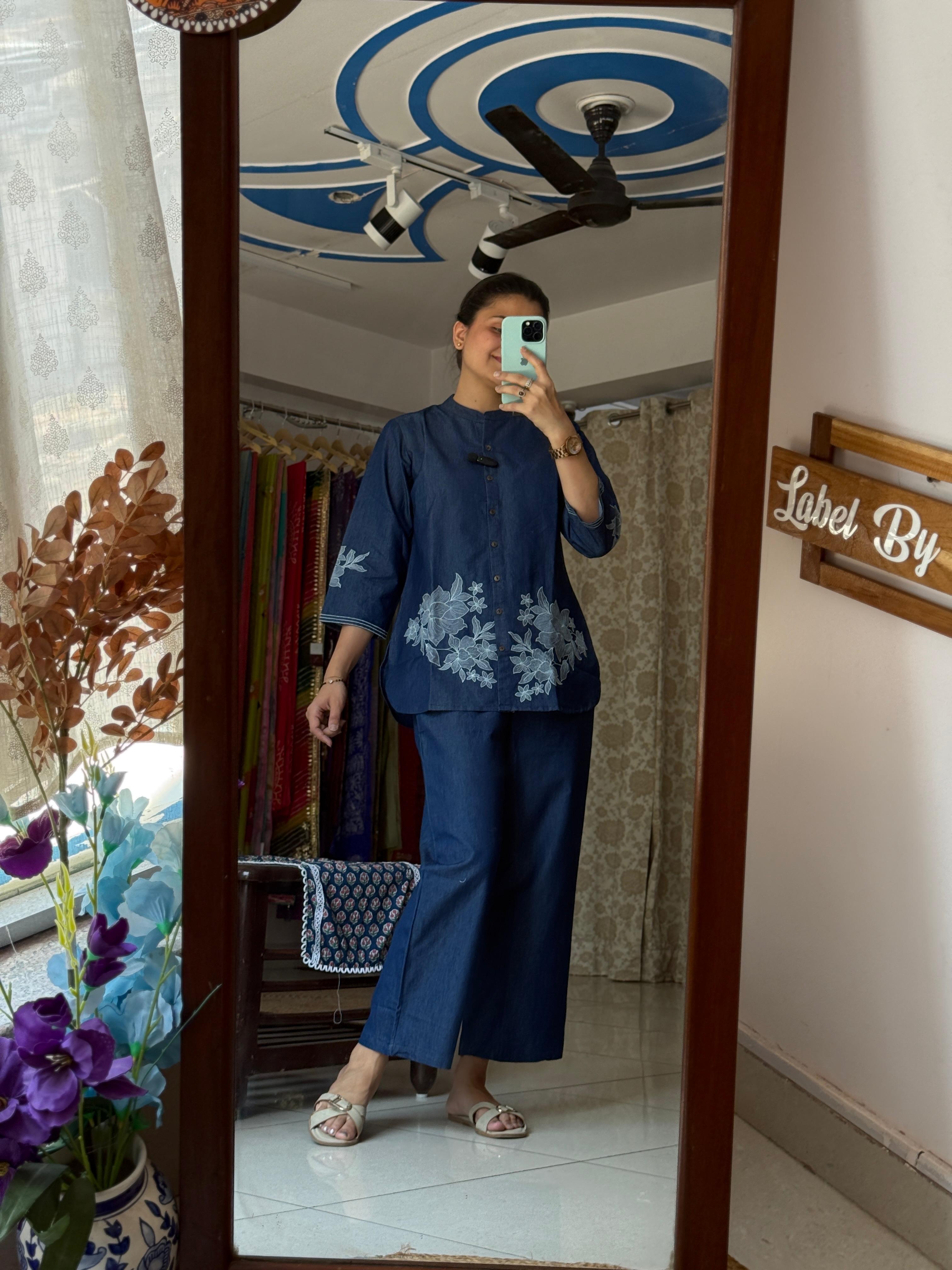 Denim Embroidered Co-Ord Set for Women | Blue Cotton Co-Ord Set