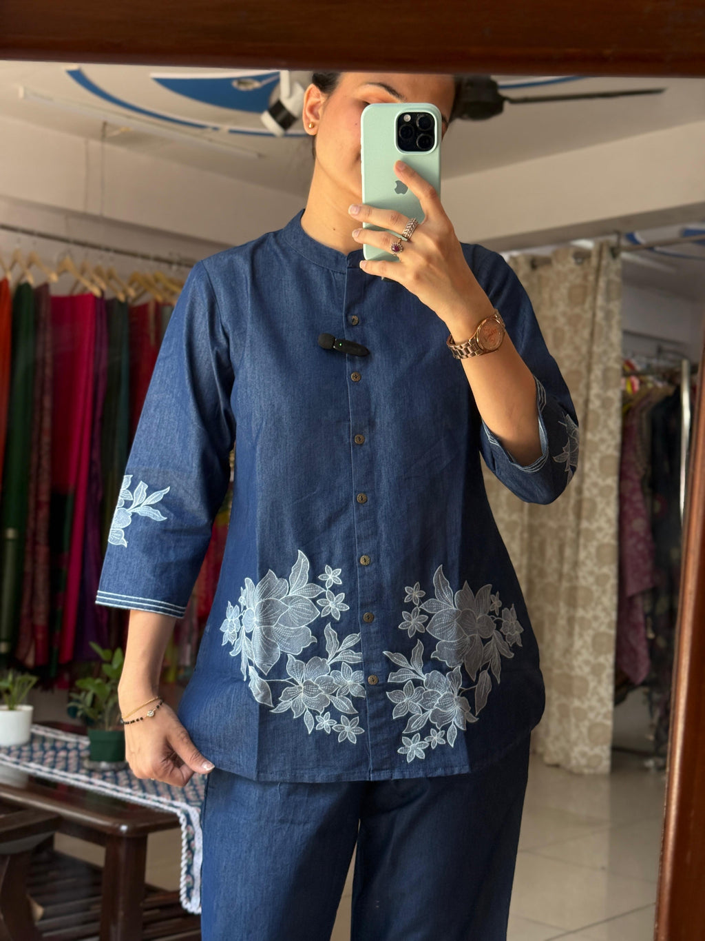 Denim Embroidered Co-Ord Set for Women | Blue Cotton Co-Ord Set