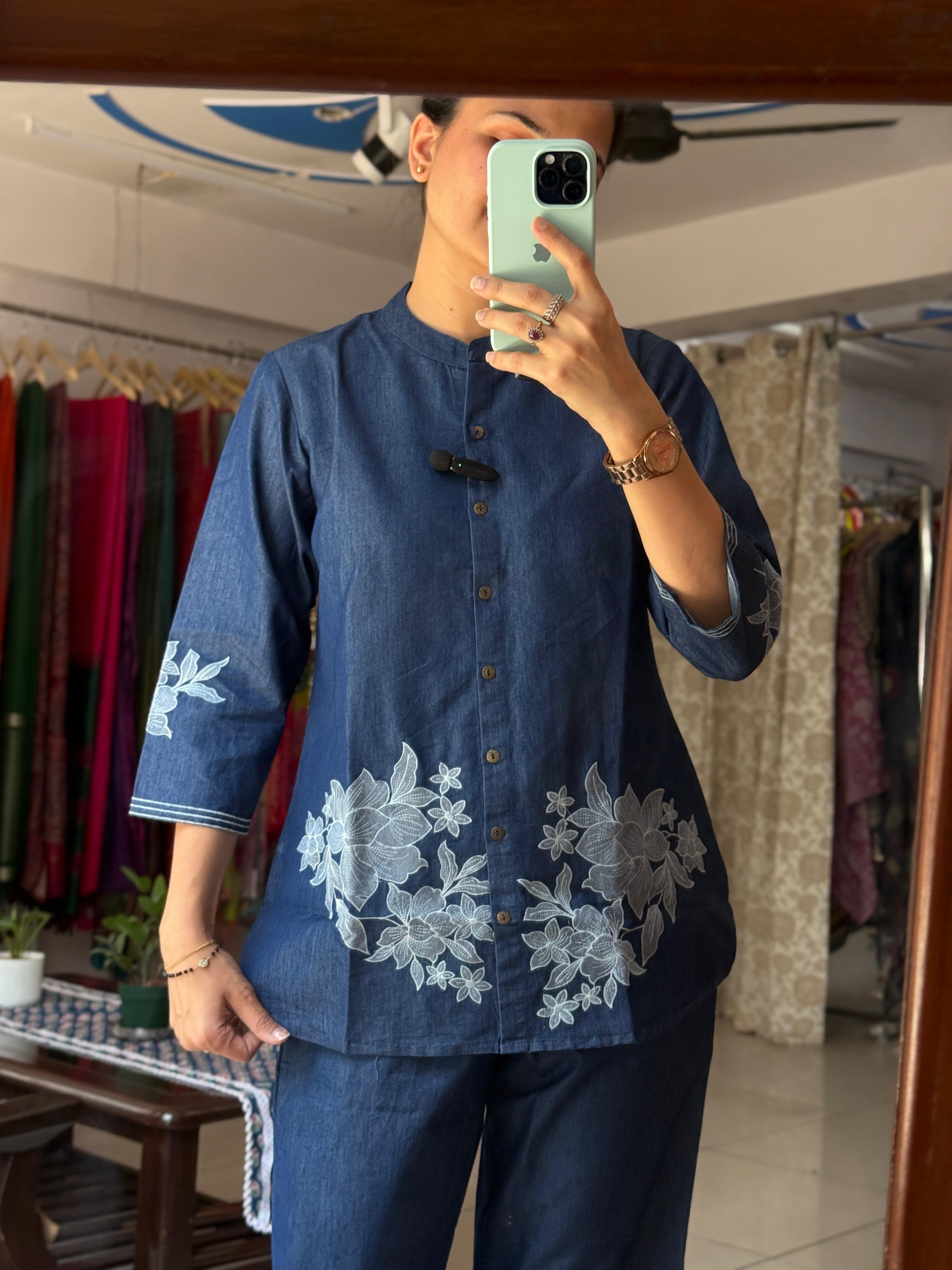 Denim Embroidered Co-Ord Set for Women | Blue Cotton Co-Ord Set