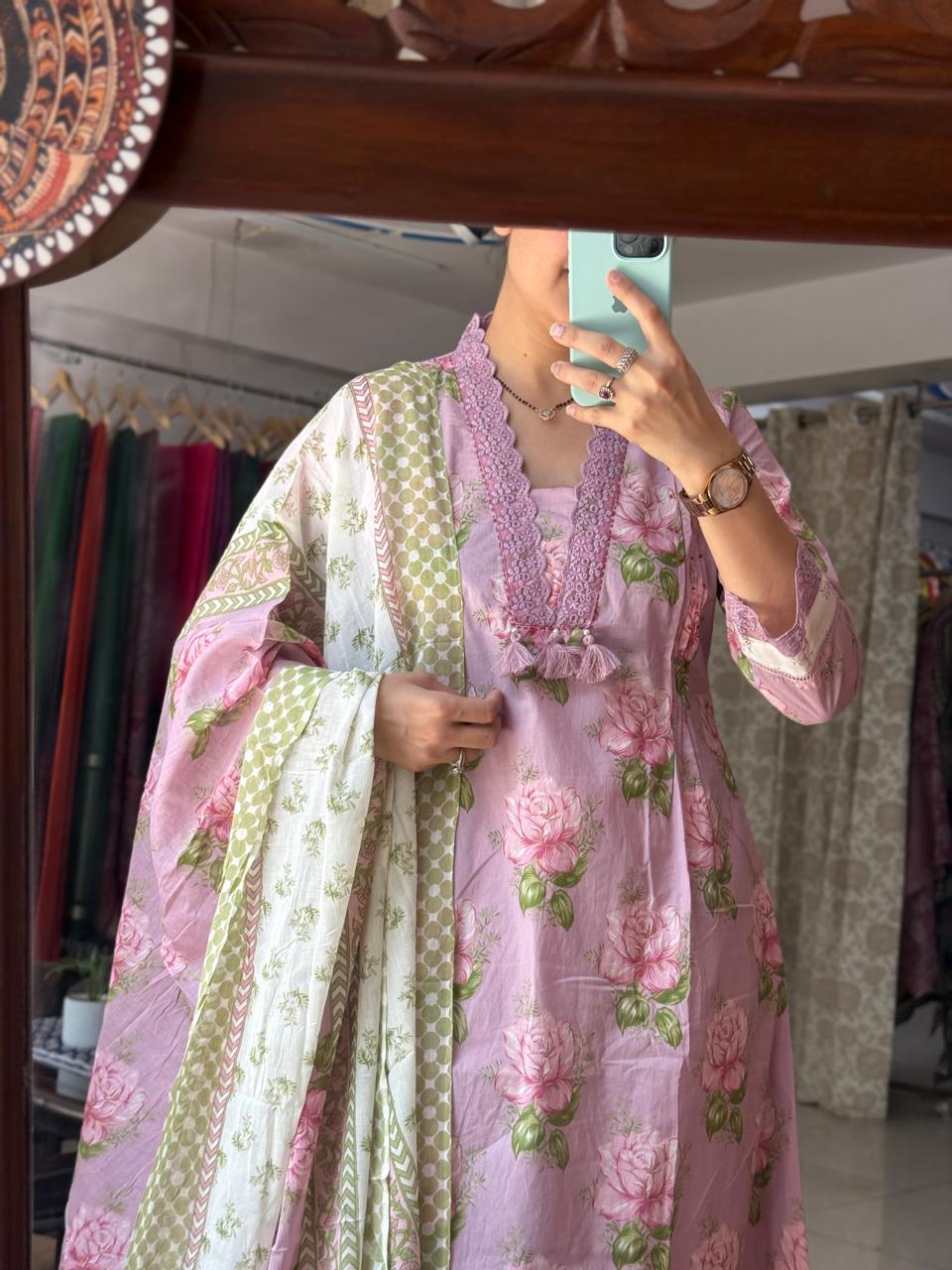 Mauve Cotton Suit Set for Women | Floral Printed Ethnic Suit with Dupatta