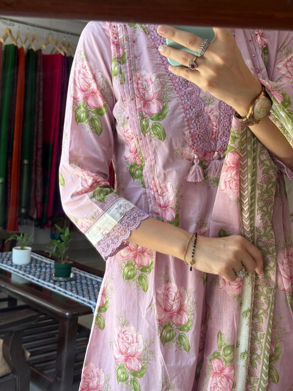 Mauve Cotton Suit Set for Women | Floral Printed Ethnic Suit with Dupatta