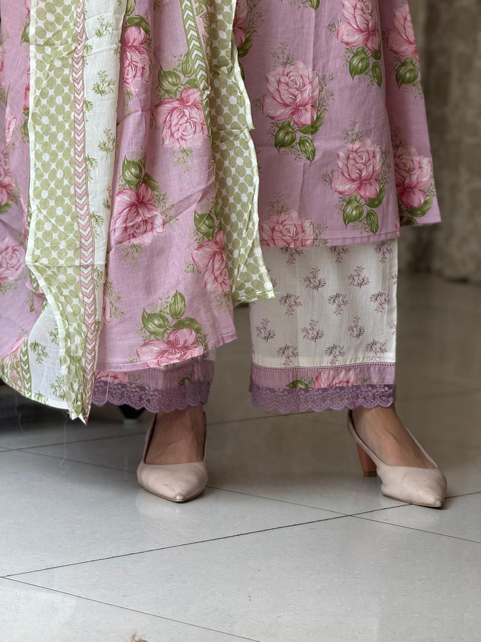 Mauve Cotton Suit Set for Women | Floral Printed Ethnic Suit with Dupatta