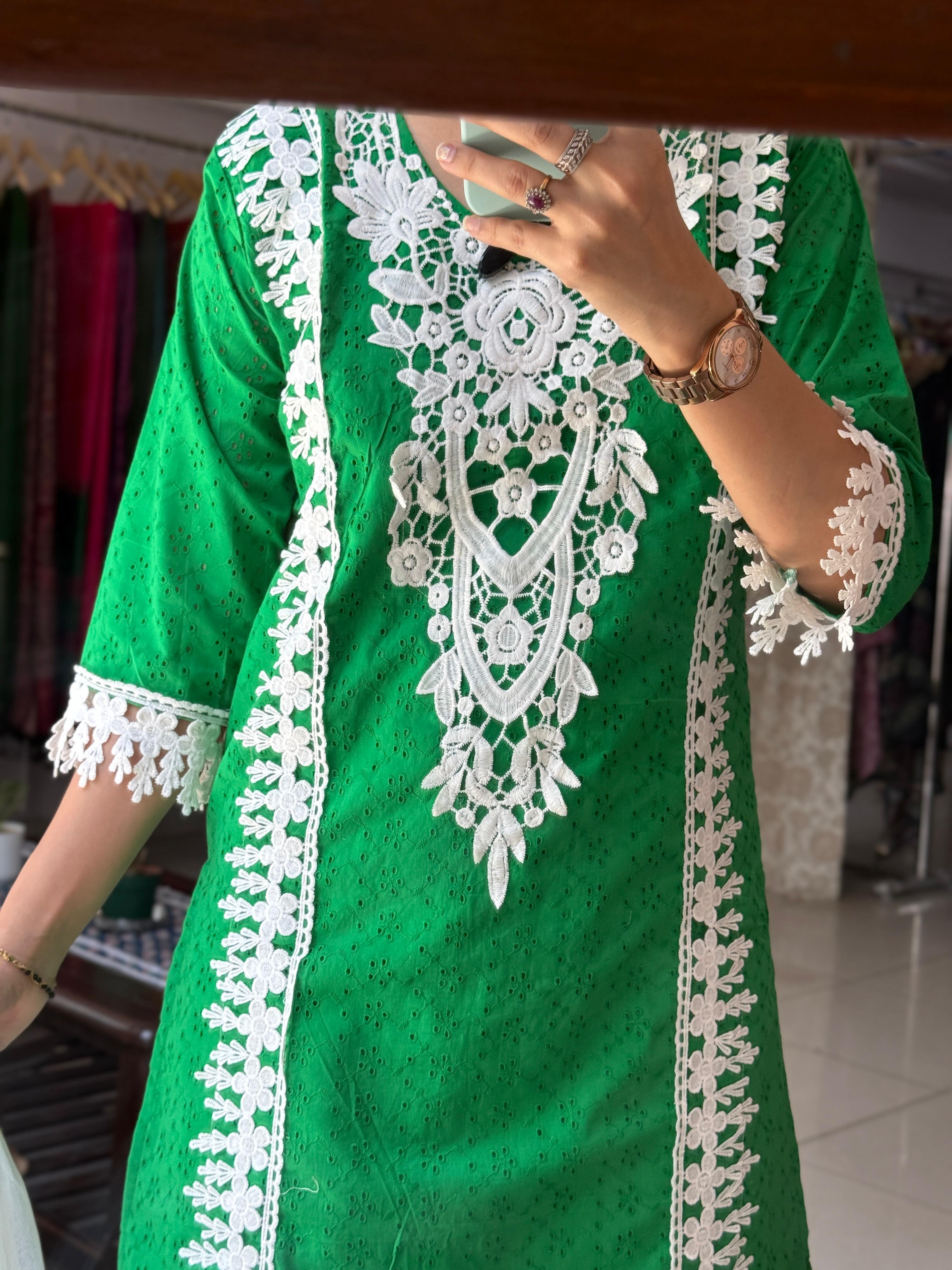 Green Schiffli Farshi Salwar Set for Women | Embroidered Ethnic Suit with Dupatta