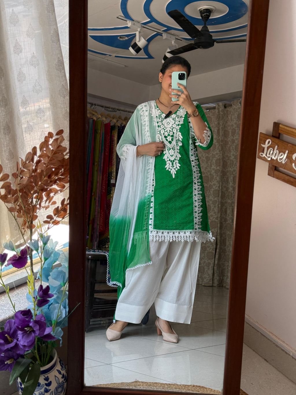 Green Schiffli Farshi Salwar Set for Women with Embroidered Kurta and Matching Dupatta | Label By Pushp