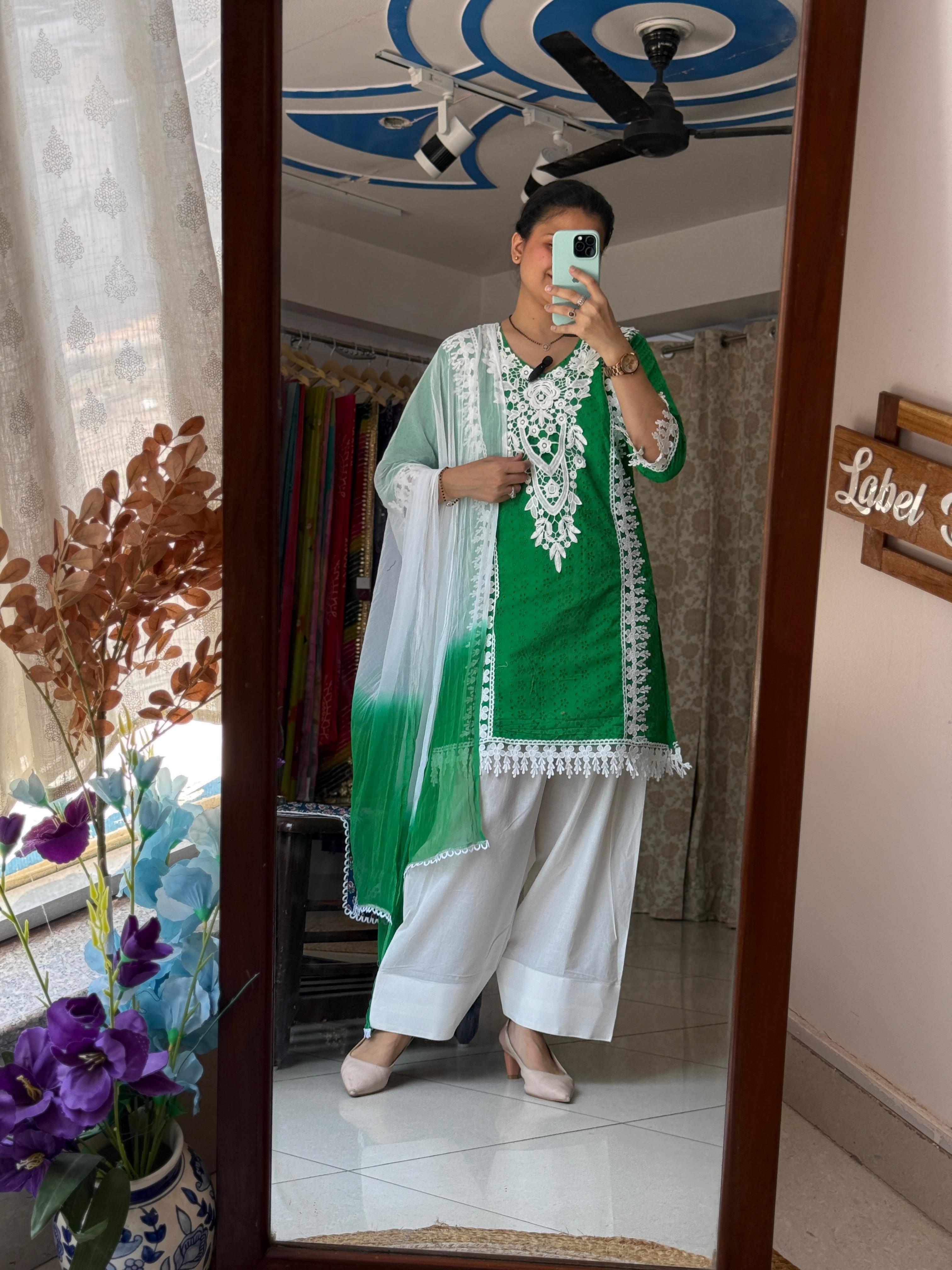 Green Schiffli Farshi Salwar Set for Women with Embroidered Kurta and Matching Dupatta | Label By Pushp