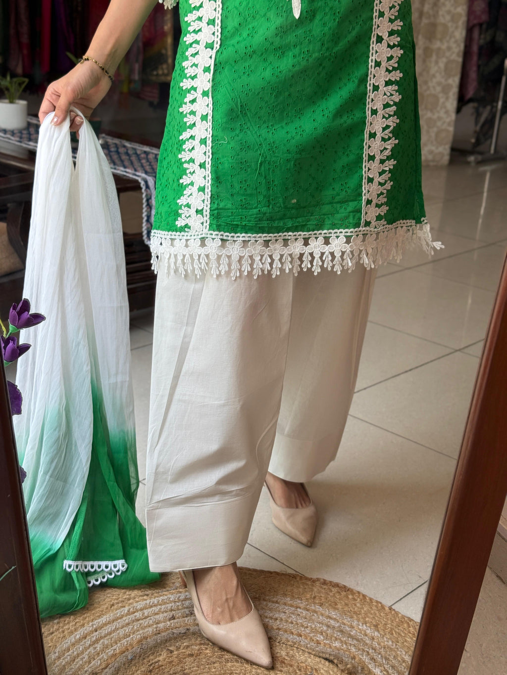 Green Schiffli Farshi Salwar Set for Women | Embroidered Ethnic Suit with Dupatta
