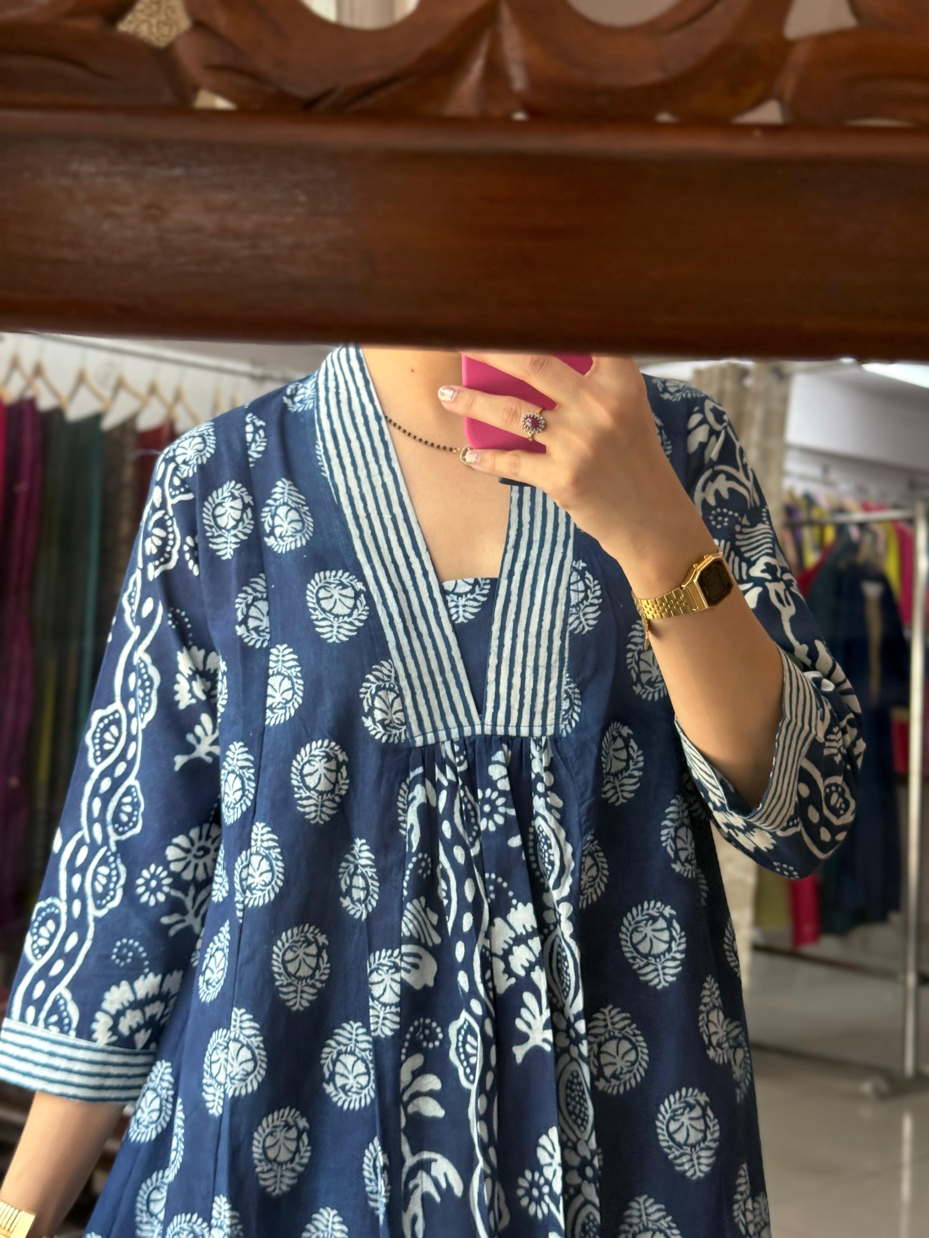 Indigo Cotton Dress for Women | Hand Block Printed A-Line Ethnic Dress