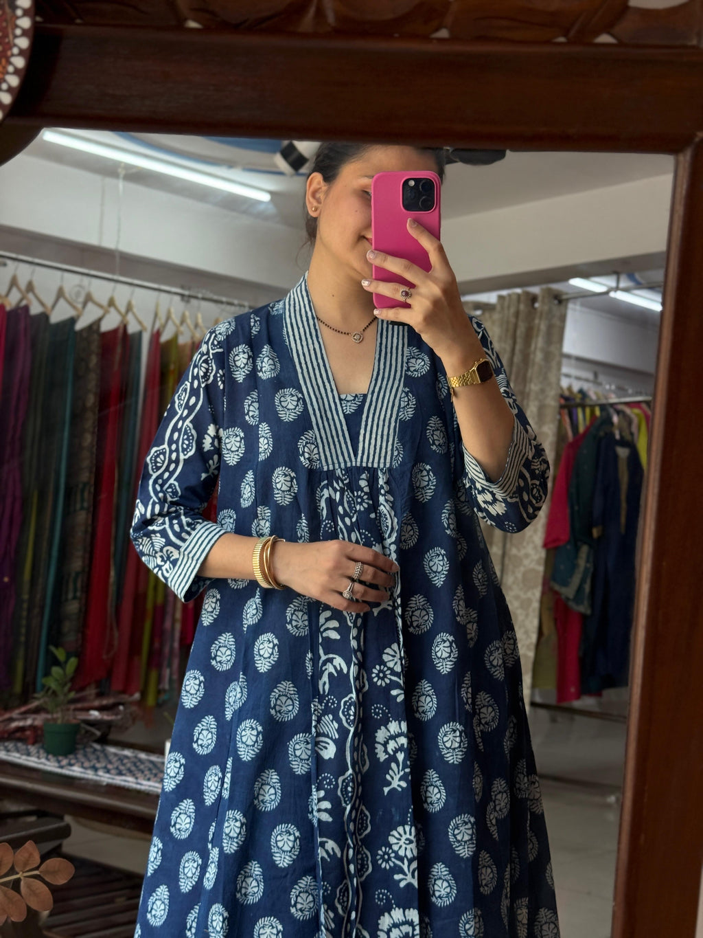 Indigo Cotton Dress for Women | Hand Block Printed A-Line Ethnic Dress