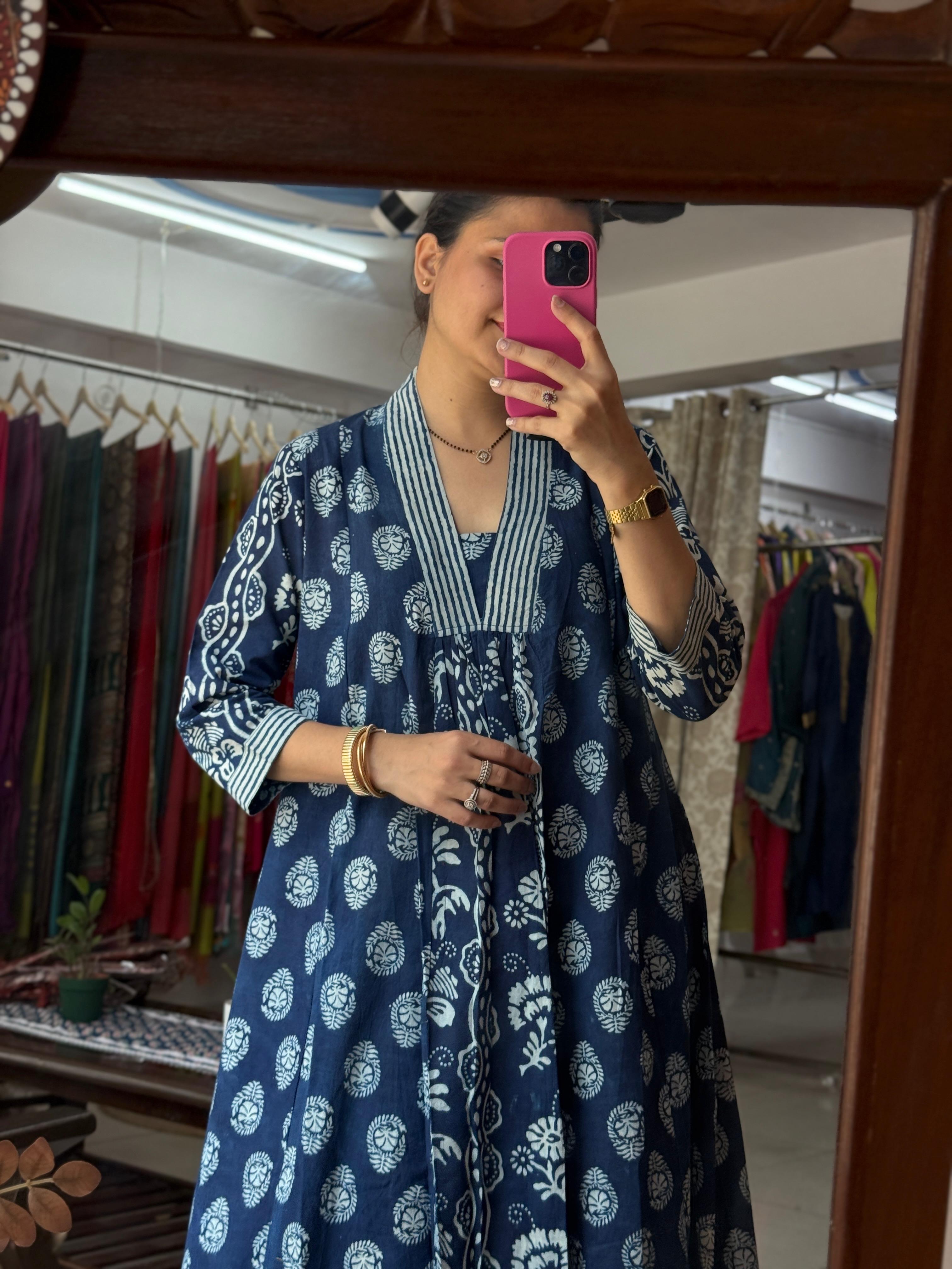 Indigo Cotton Dress for Women | Hand Block Printed A-Line Ethnic Dress