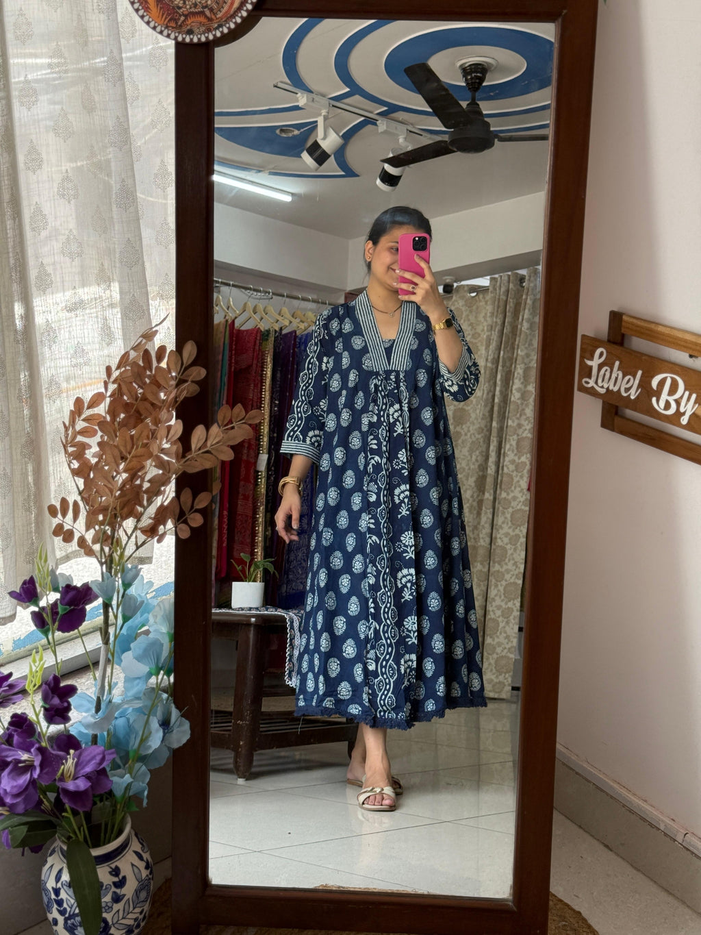 Indigo Cotton A-Line Dress for Women with Hand Block Inspired Print | Label By Pushp