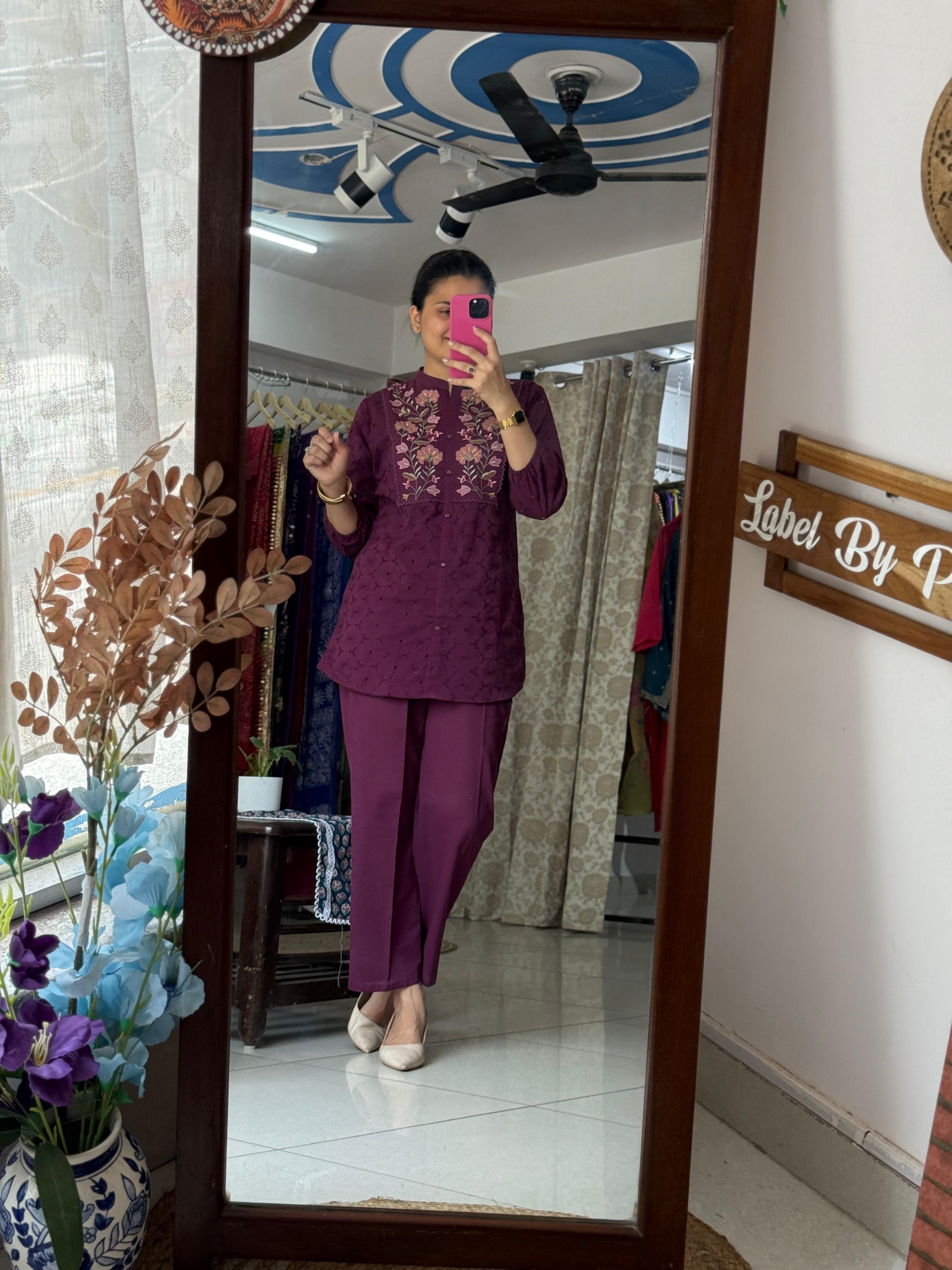 Purple Schiffli Embroidered Cotton Co-Ord Set for Women | Label By Pushp