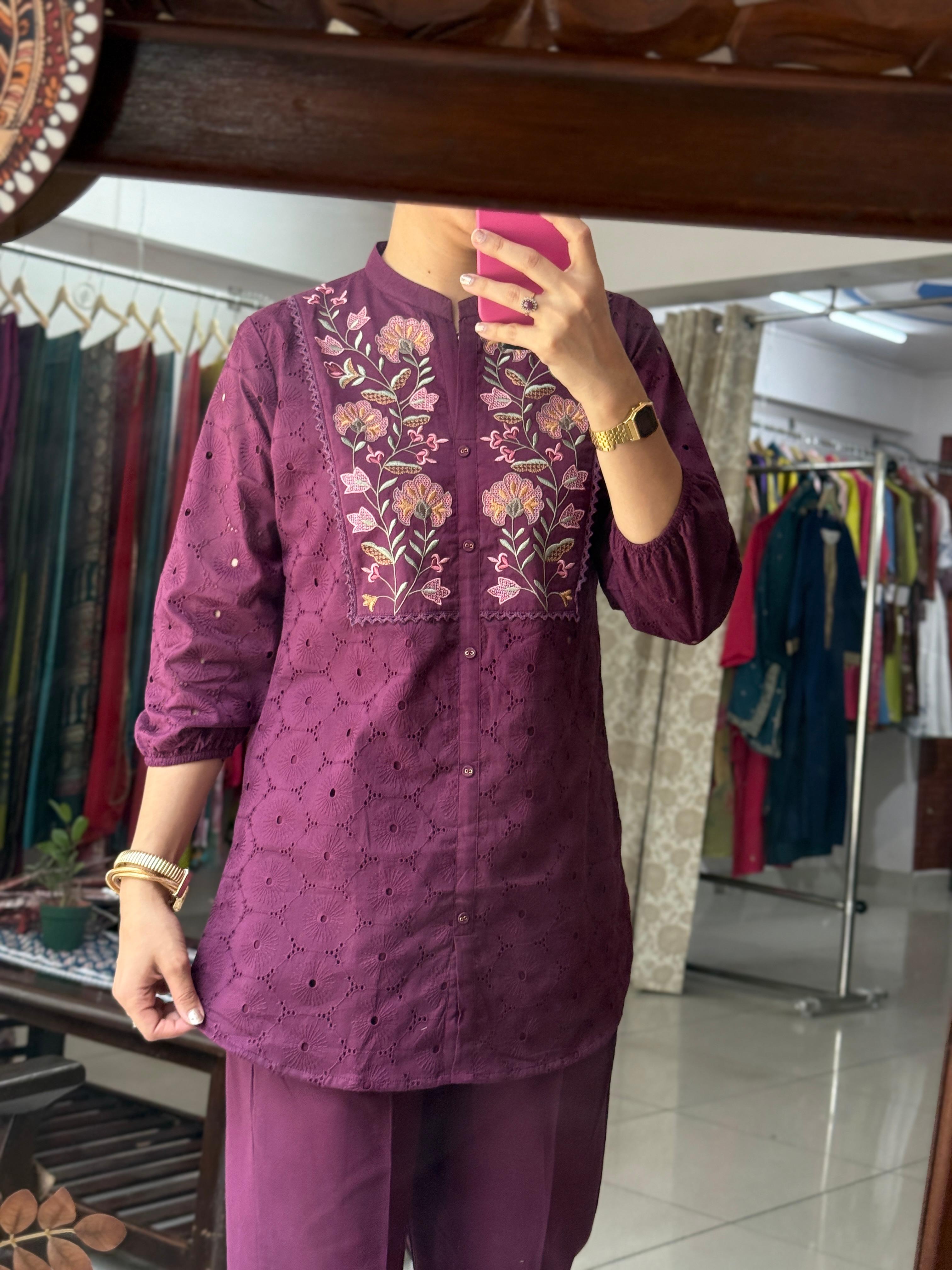 Purple Schiffli Co-Ord Set for Women | Embroidered Cotton Co-Ord Set