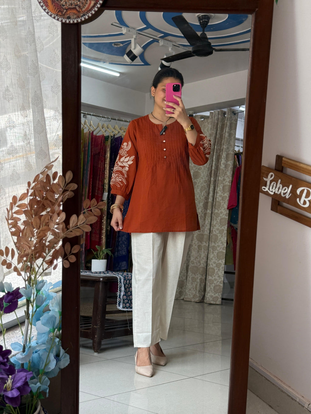 Orange Embroidered Cotton Co-Ord Set for Women with Floral Sleeve Embroidery | Label By Pushp