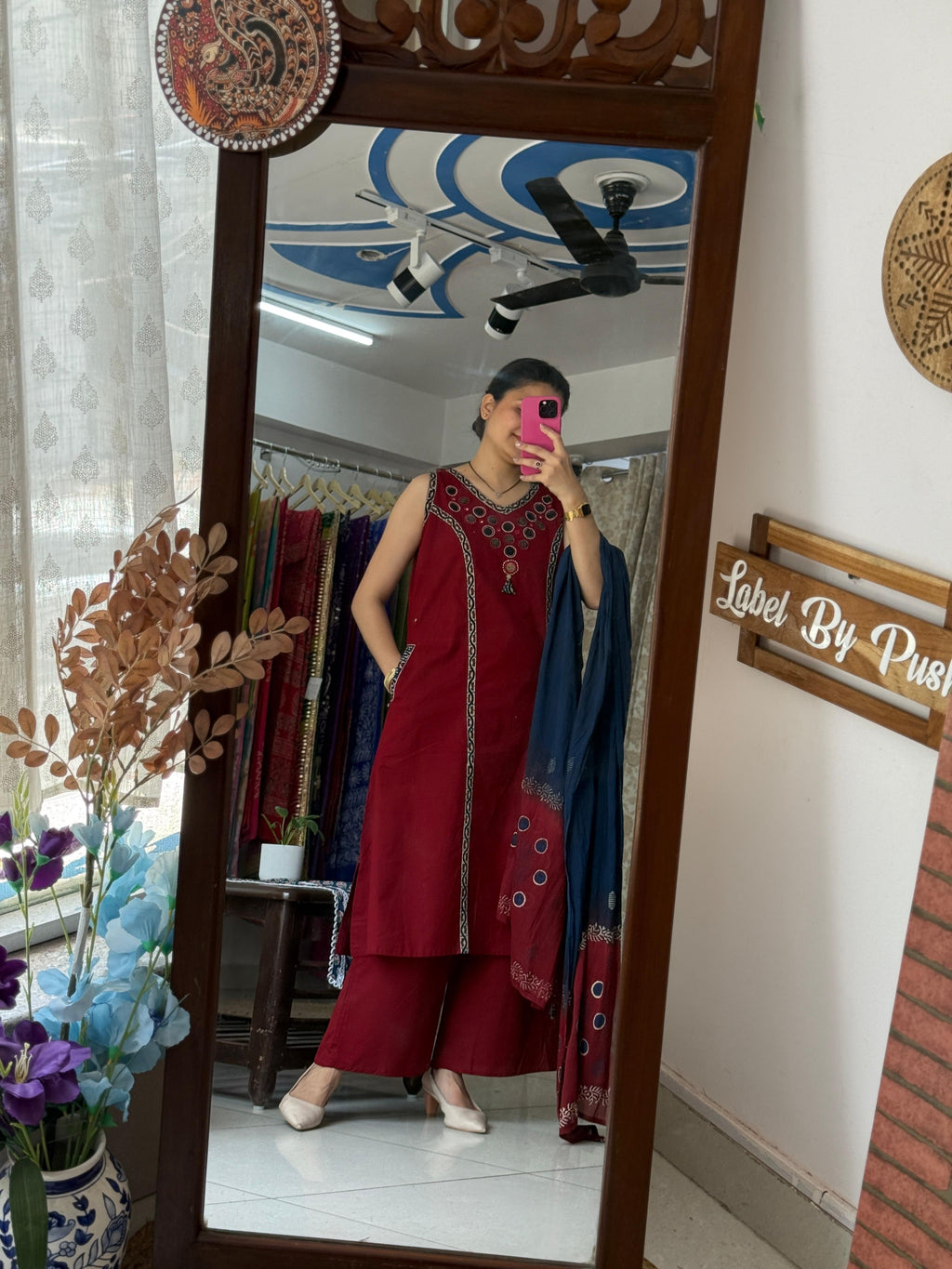 Maroon Mirror Work Sleeveless Suit Set for Women | Ethnic Suit with Extra Sleeves
