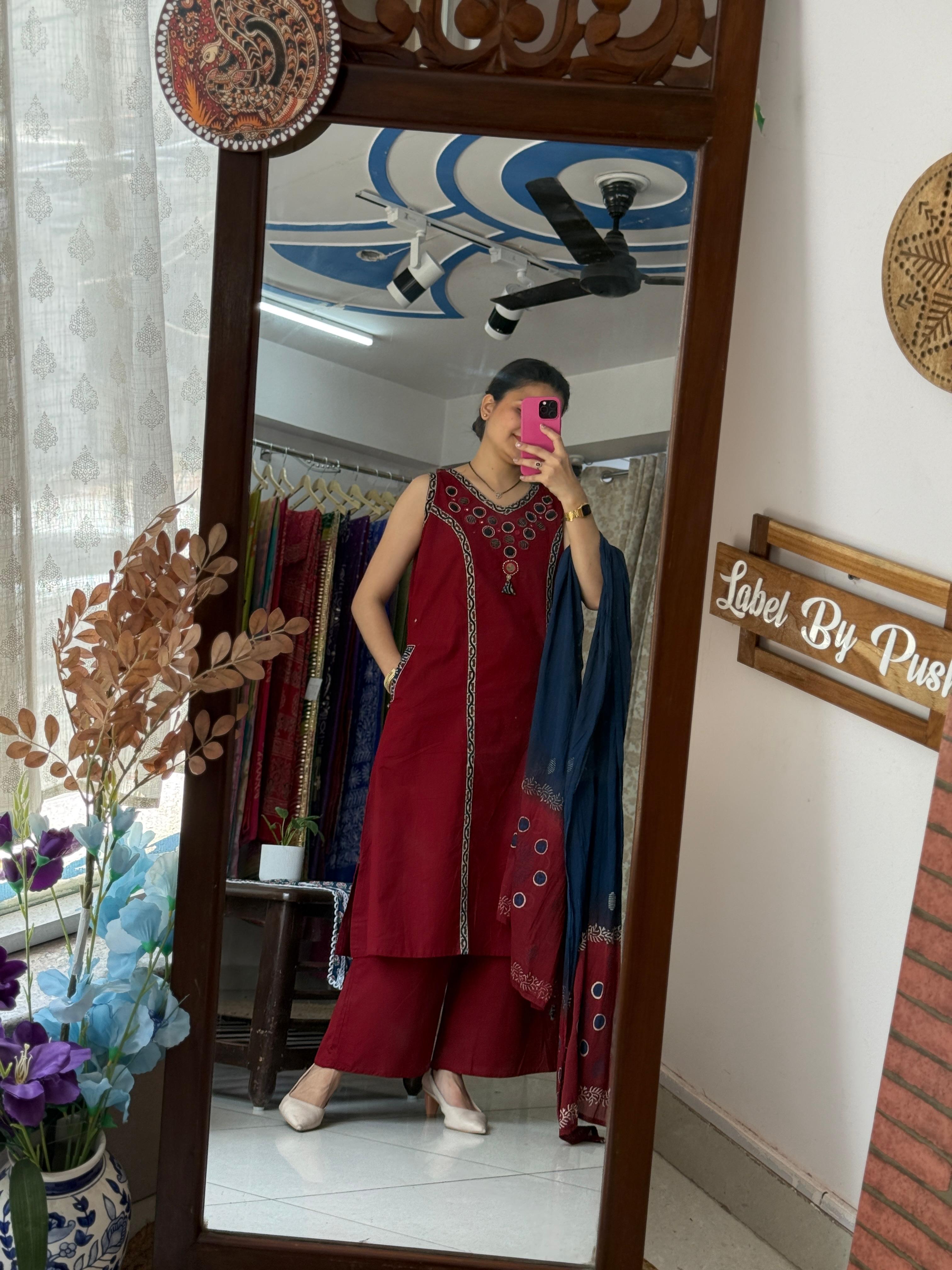 Maroon Mirror Work Sleeveless Suit Set for Women | Ethnic Suit with Extra Sleeves