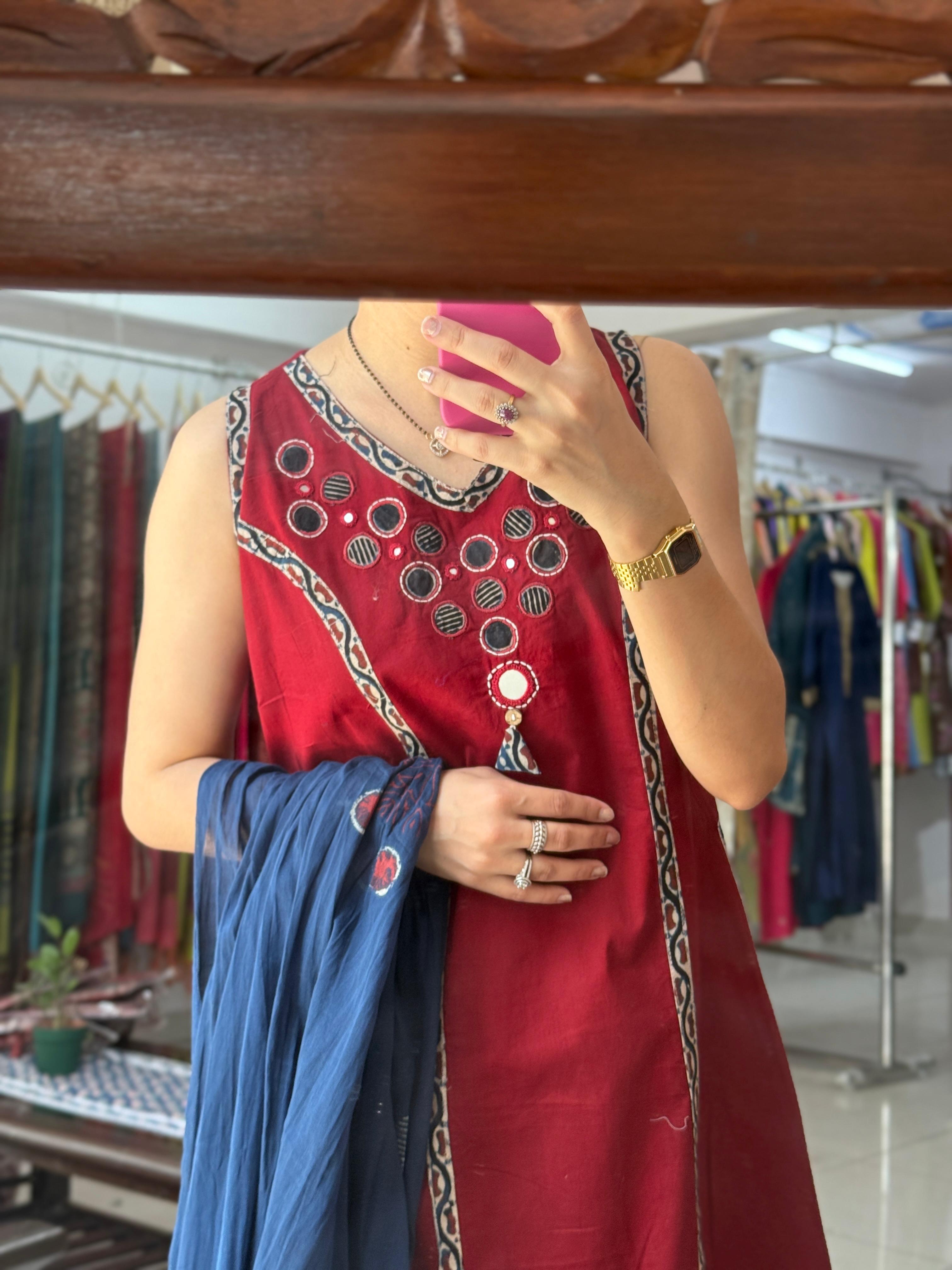 Maroon Mirror Work Sleeveless Suit Set for Women | Ethnic Suit with Extra Sleeves