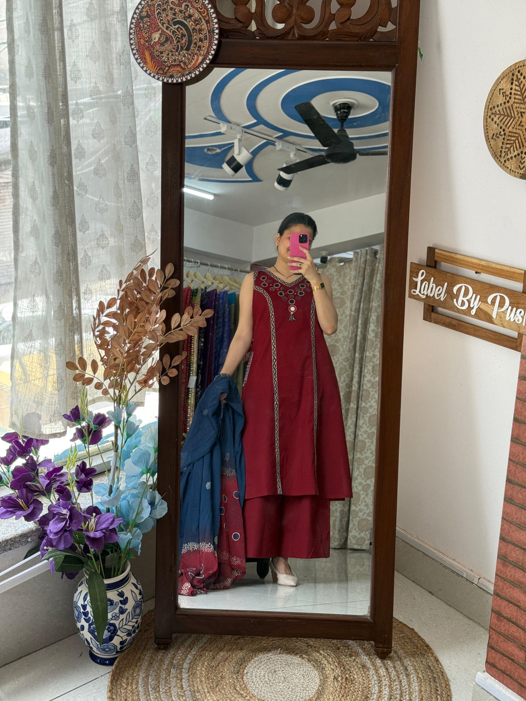 Maroon Mirror Work Sleeveless Suit Set for Women | Ethnic Suit with Extra Sleeves