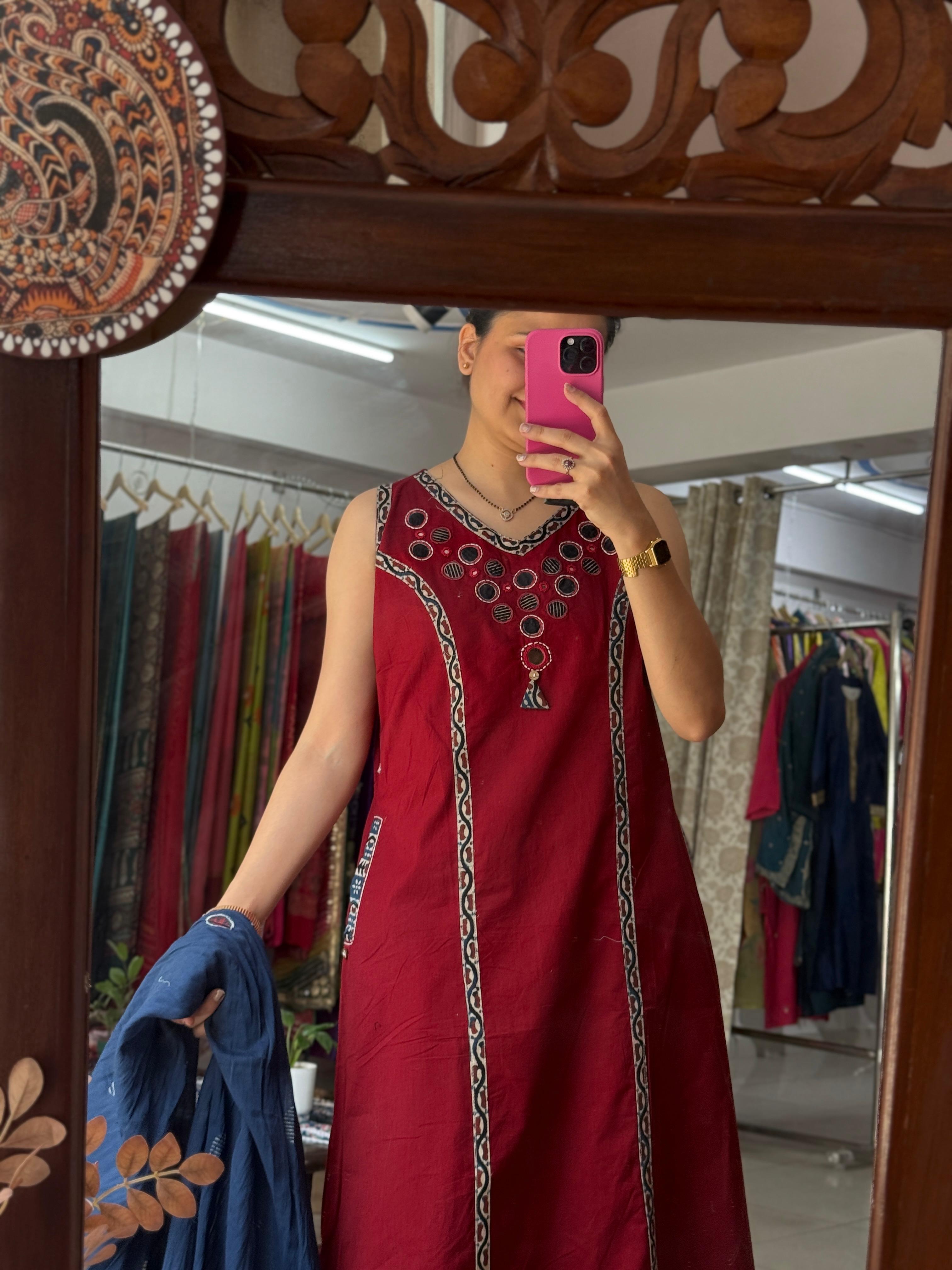 Maroon Mirror Work Sleeveless Suit Set for Women | Ethnic Suit with Extra Sleeves