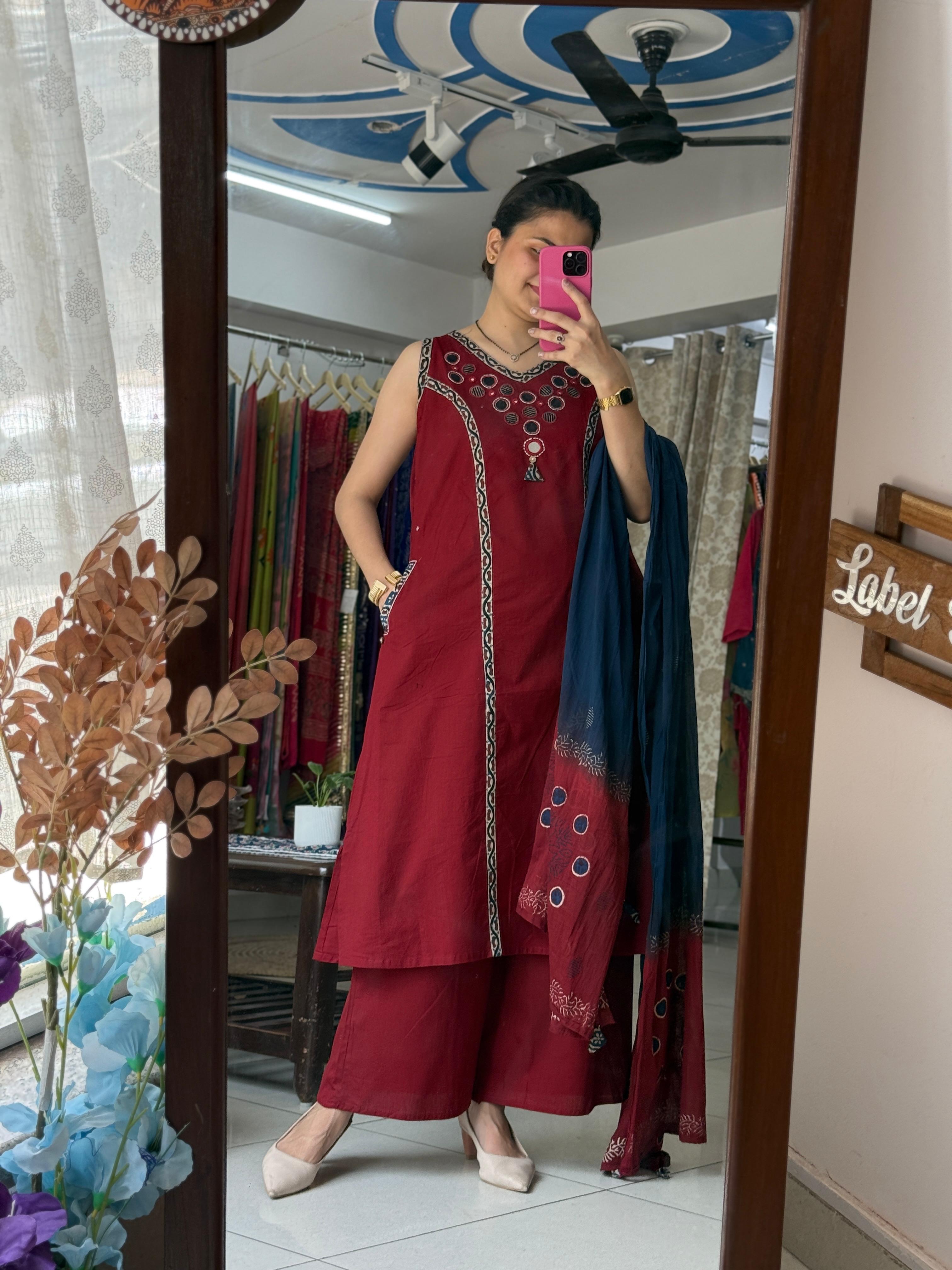 Maroon Mirror Work Sleeveless Suit Set for Women with Extra Sleeves and Matching Dupatta | Label By Pushp