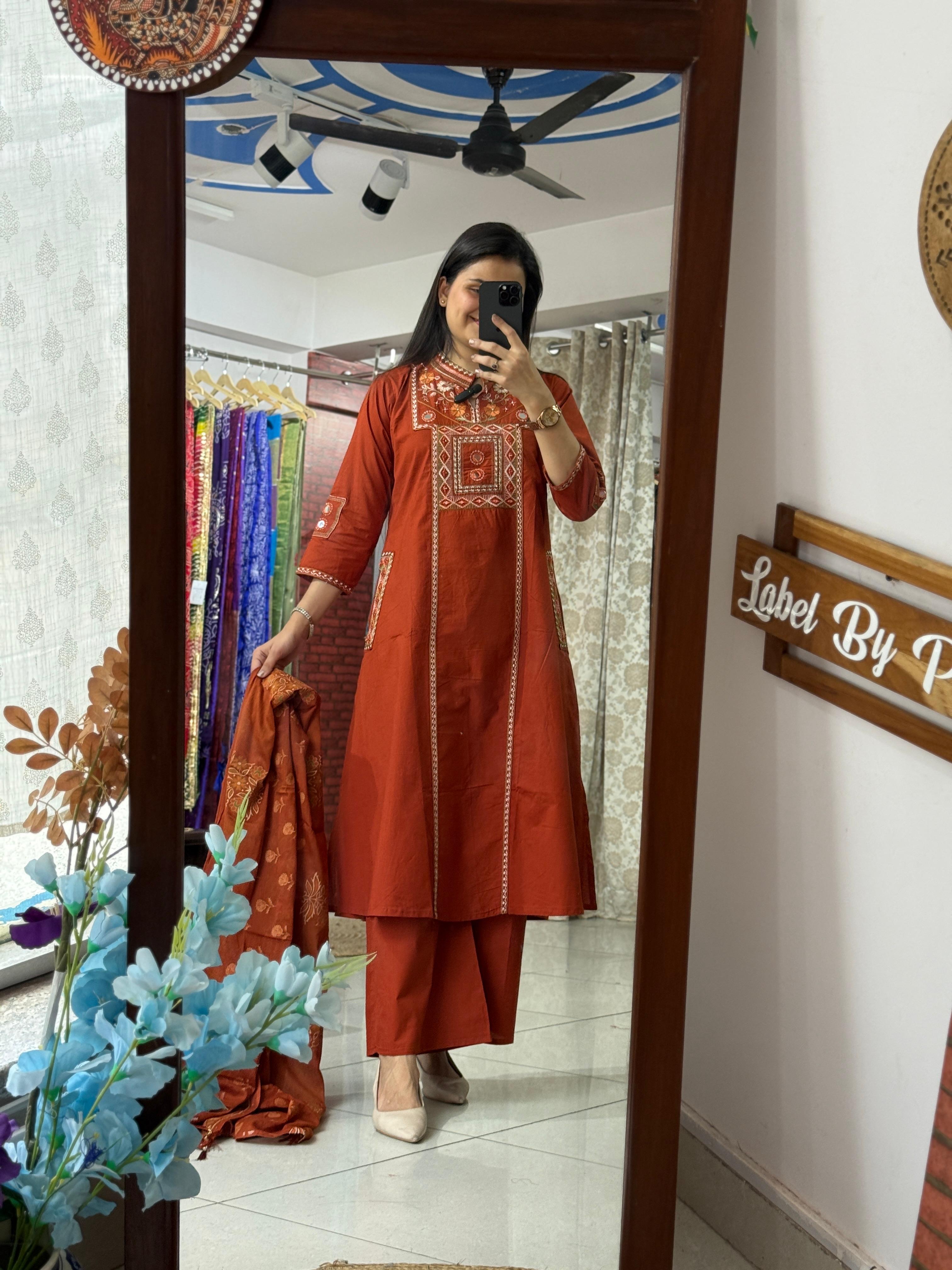 Orange Pocket Suit Set for Women | Embroidered Ethnic Suit with Dupatta