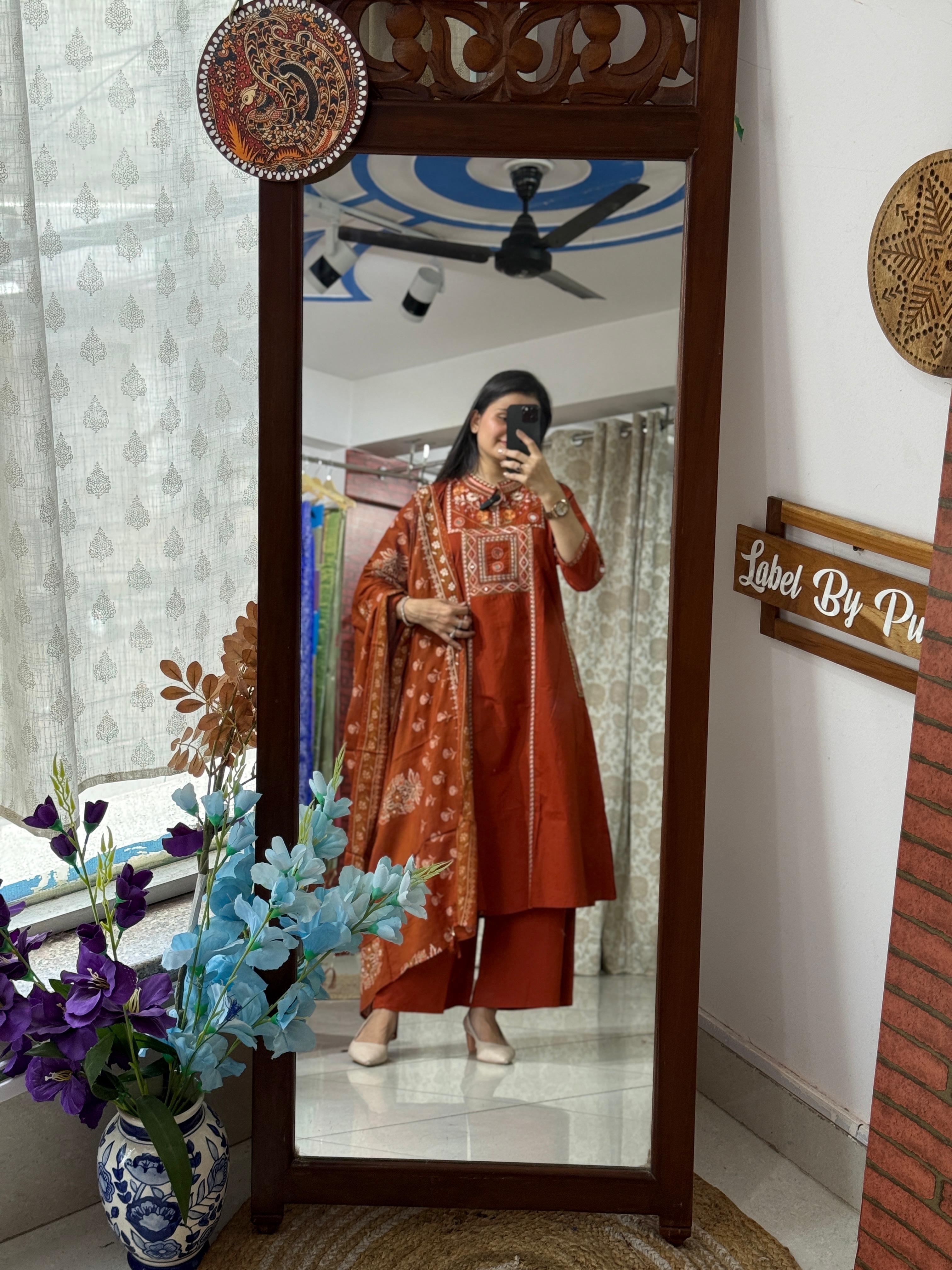 Orange Pocket Suit Set for Women with Embroidered Yoke and Printed Dupatta | Label By Pushp