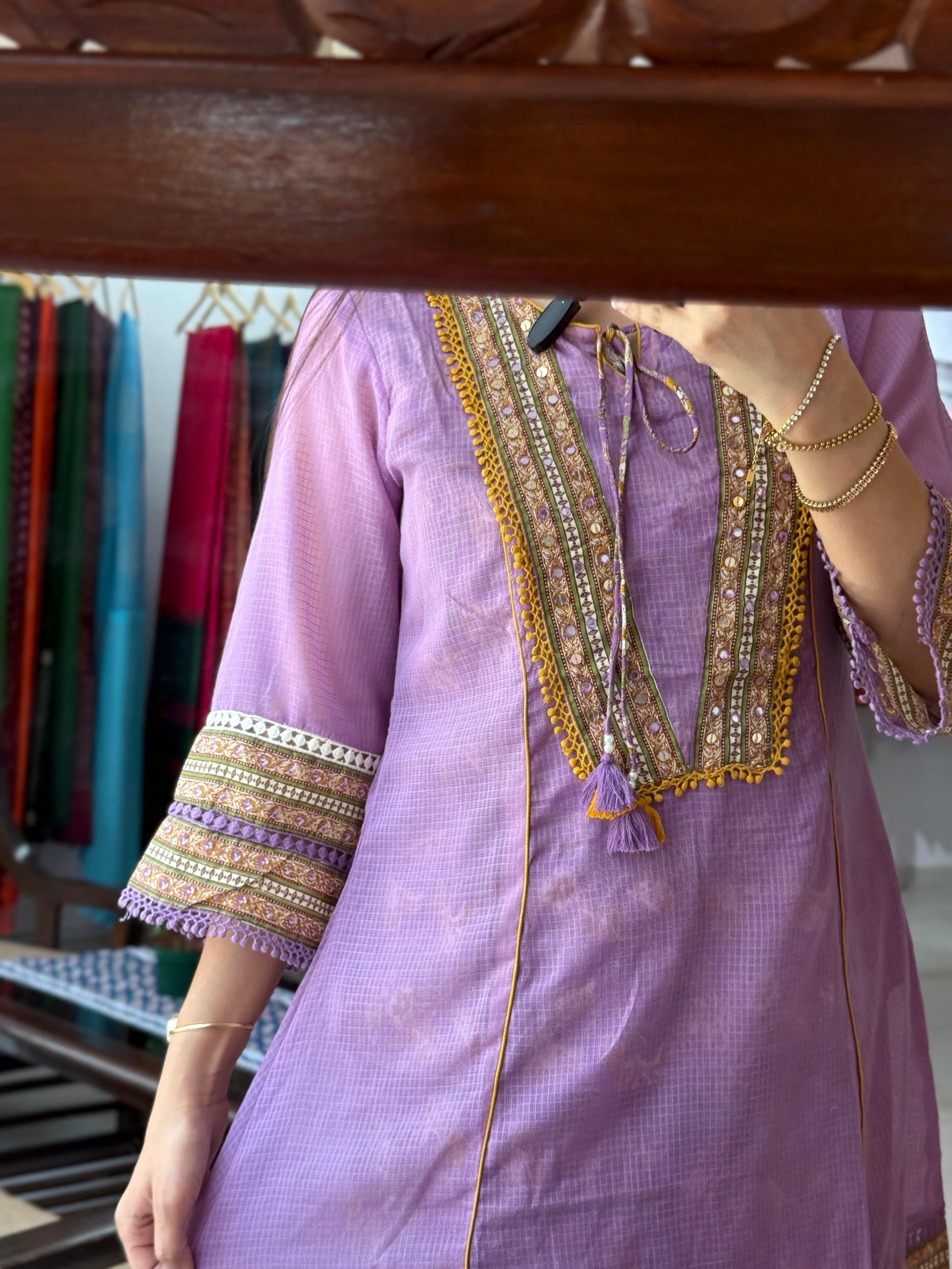 Lavender 3 Piece Co-Ord Set for Women | Embroidered Ethnic Co-Ord Set