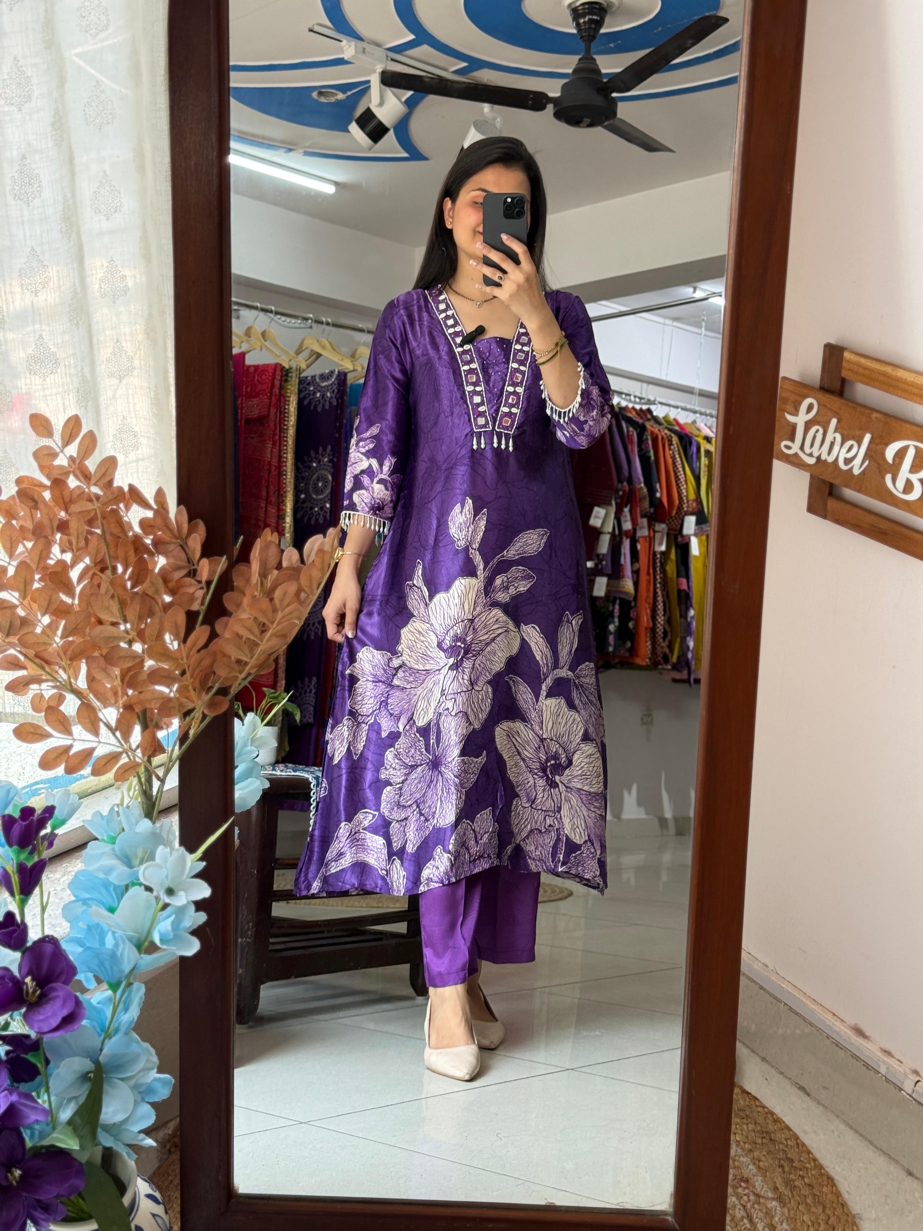 Purple Asymmetric Floral Printed Kurta Set for Women with Matching Pants | Label By Pushp