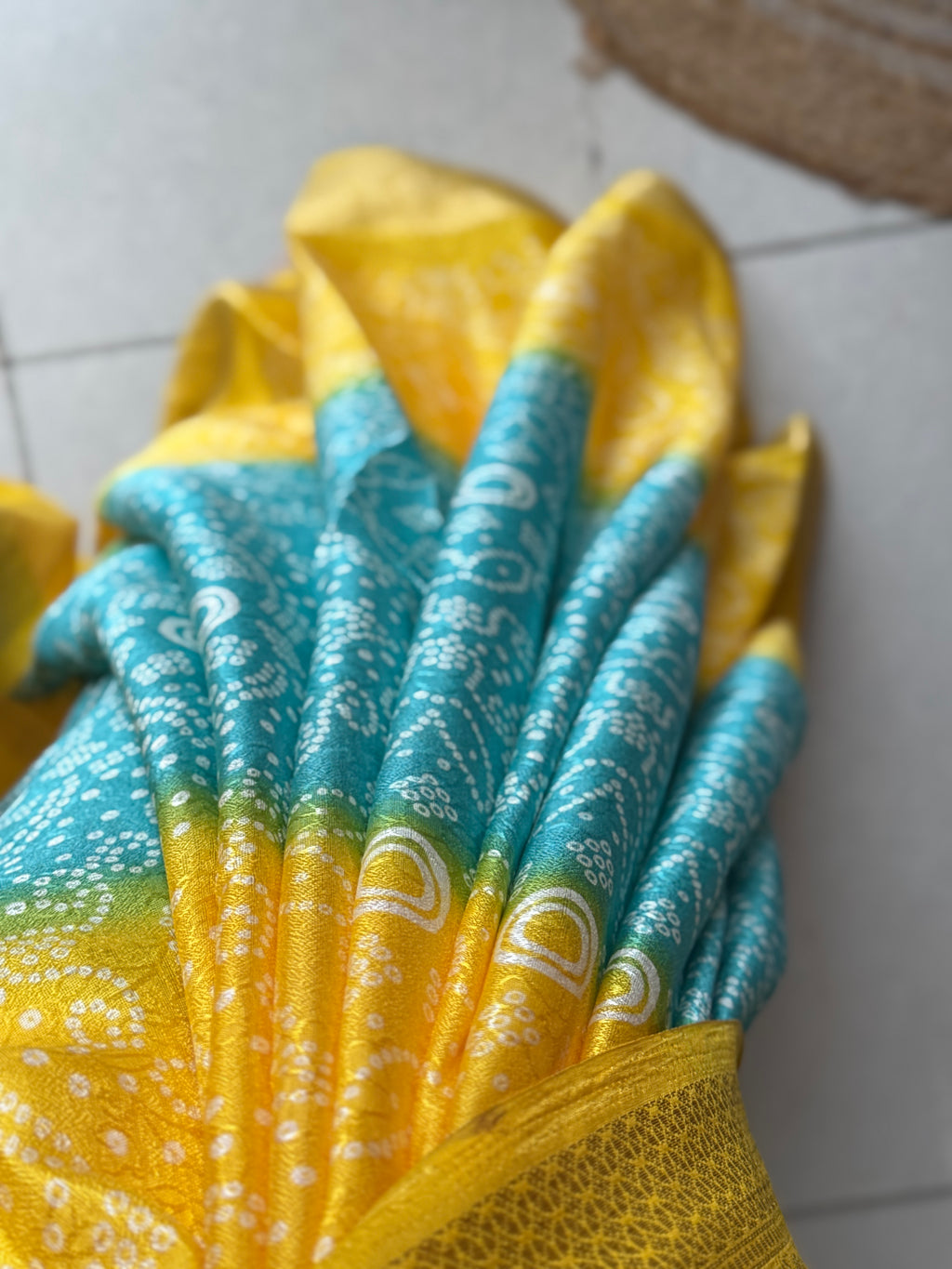 Pink Yellow Bandhani Saree|  Woven border on both sides| With blouse| Self weave dola silk