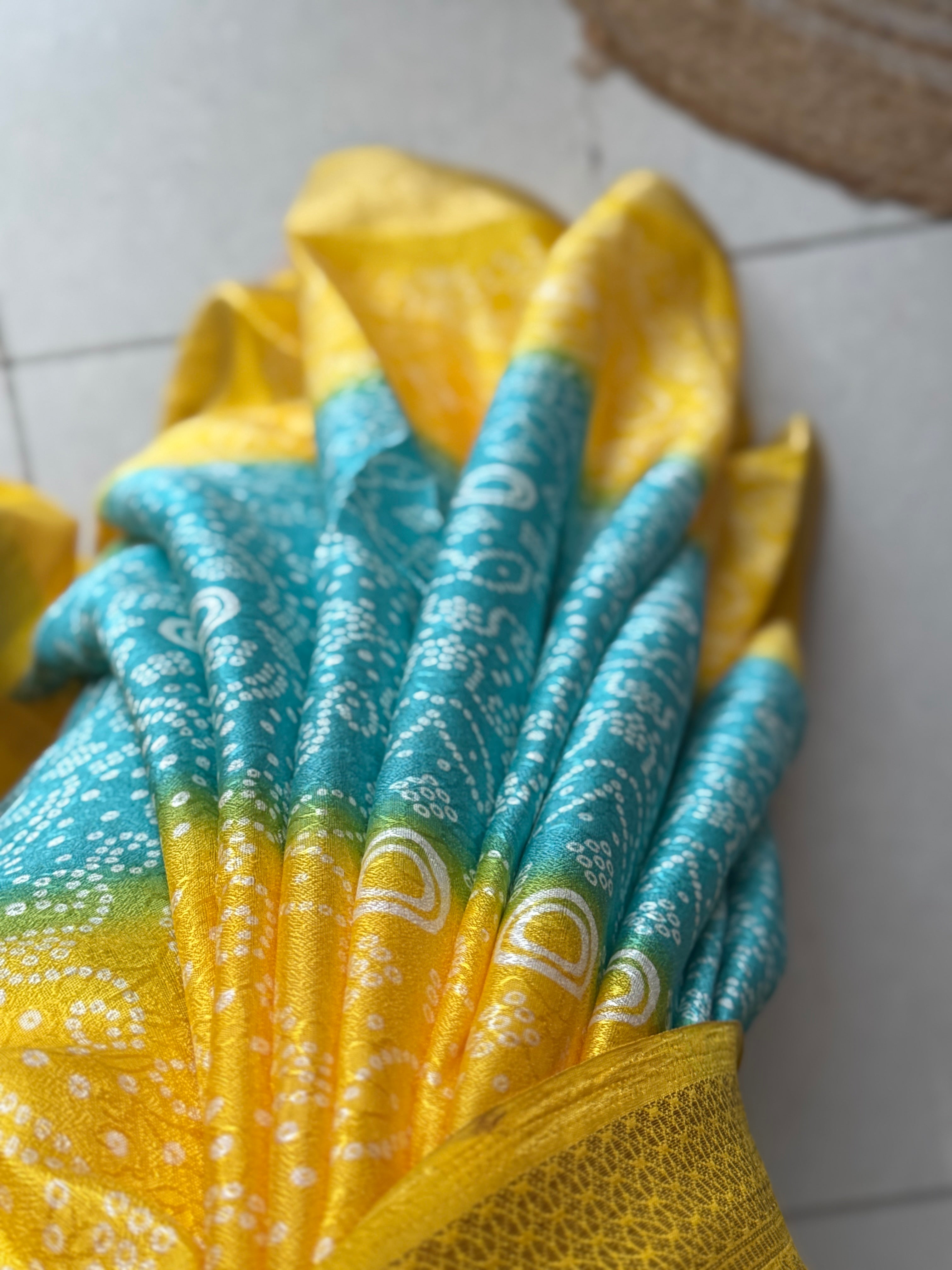 Pink Yellow Bandhani Saree|  Woven border on both sides| With blouse| Self weave dola silk