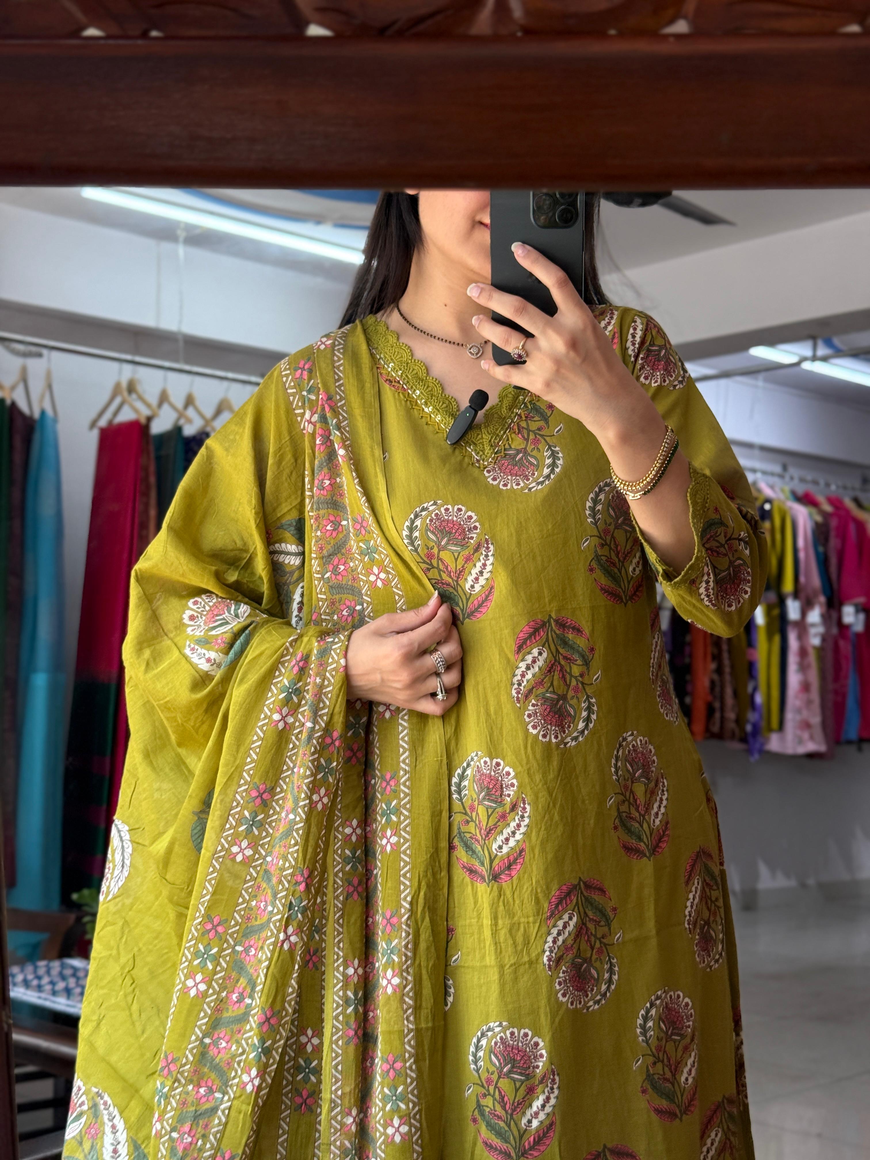 Green Pintex Suit Set for Women | Cotton Printed Ethnic Suit with Dupatta