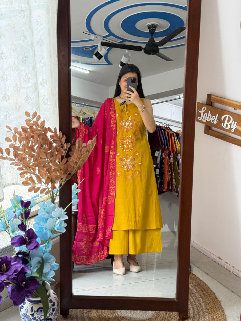 Pink Yellow Sleeveless Suit Set for Women | Mirror Work Ethnic Suit with Extra Sleeves