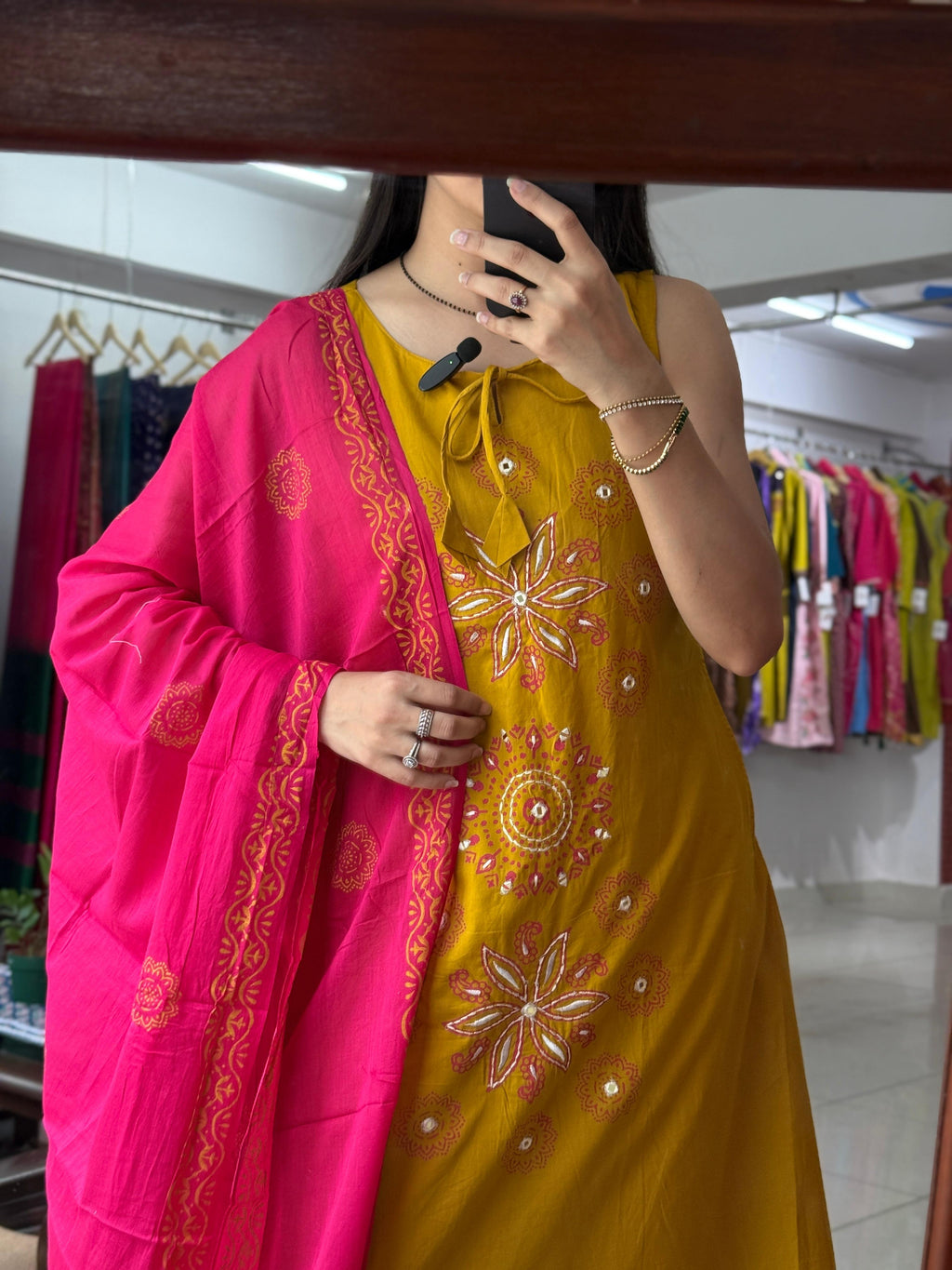 Pink Yellow Sleeveless Suit Set for Women | Mirror Work Ethnic Suit with Extra Sleeves