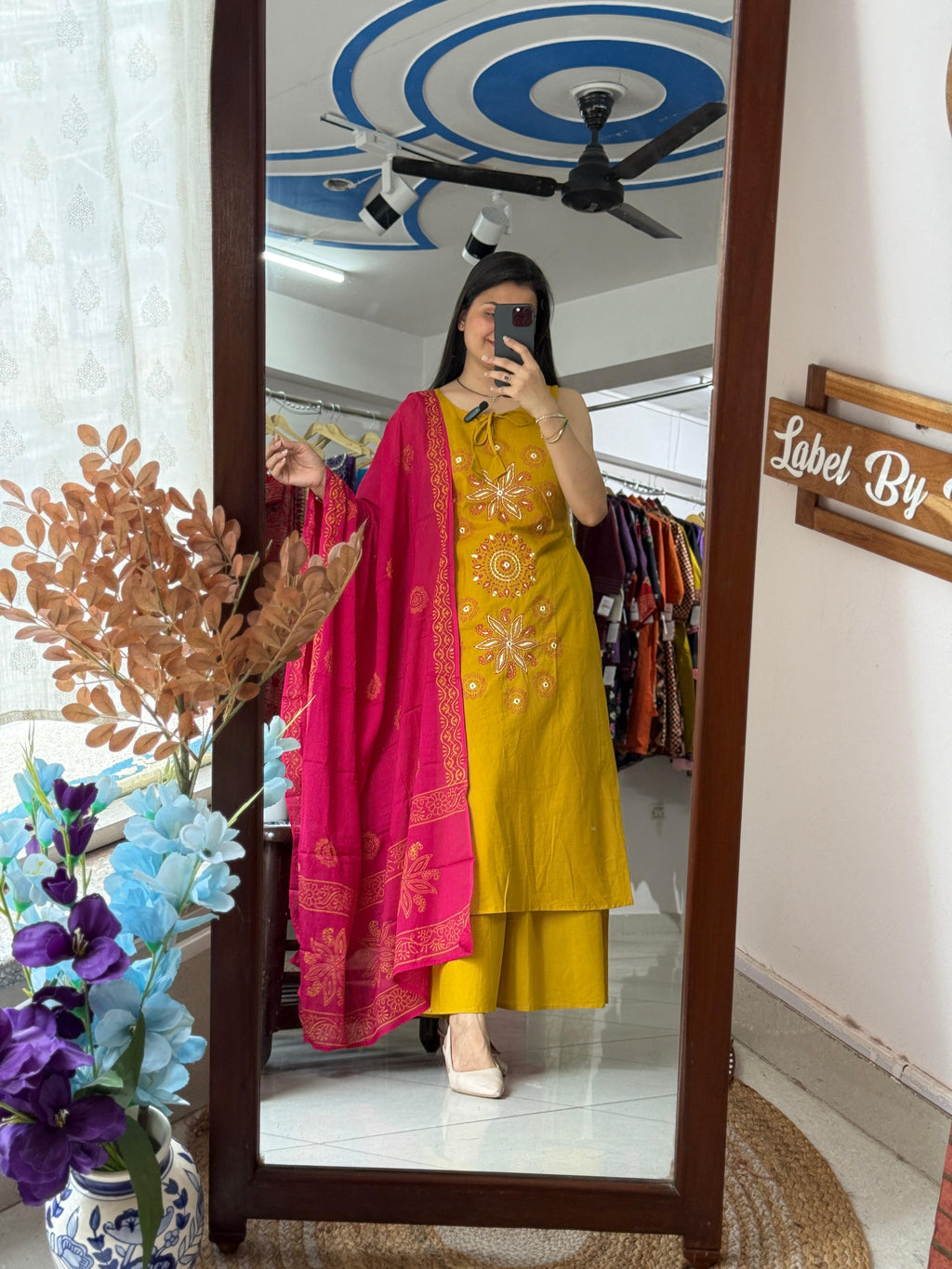 Pink Yellow Sleeveless Mirror Work Suit Set for Women with Extra Sleeves and Matching Dupatta | Label By Pushp
