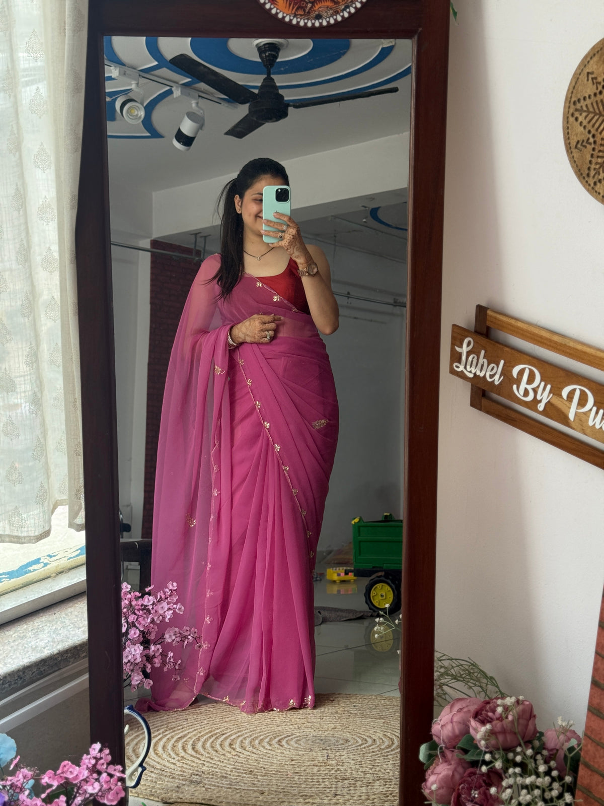 Deep mauve Pure Georgette Saree| Handwork cutdana detailing| With blouse