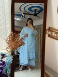 Sky Blue Cotton Pakistani Suit Set for Women | Embroidered Ethnic Suit with Dupatta