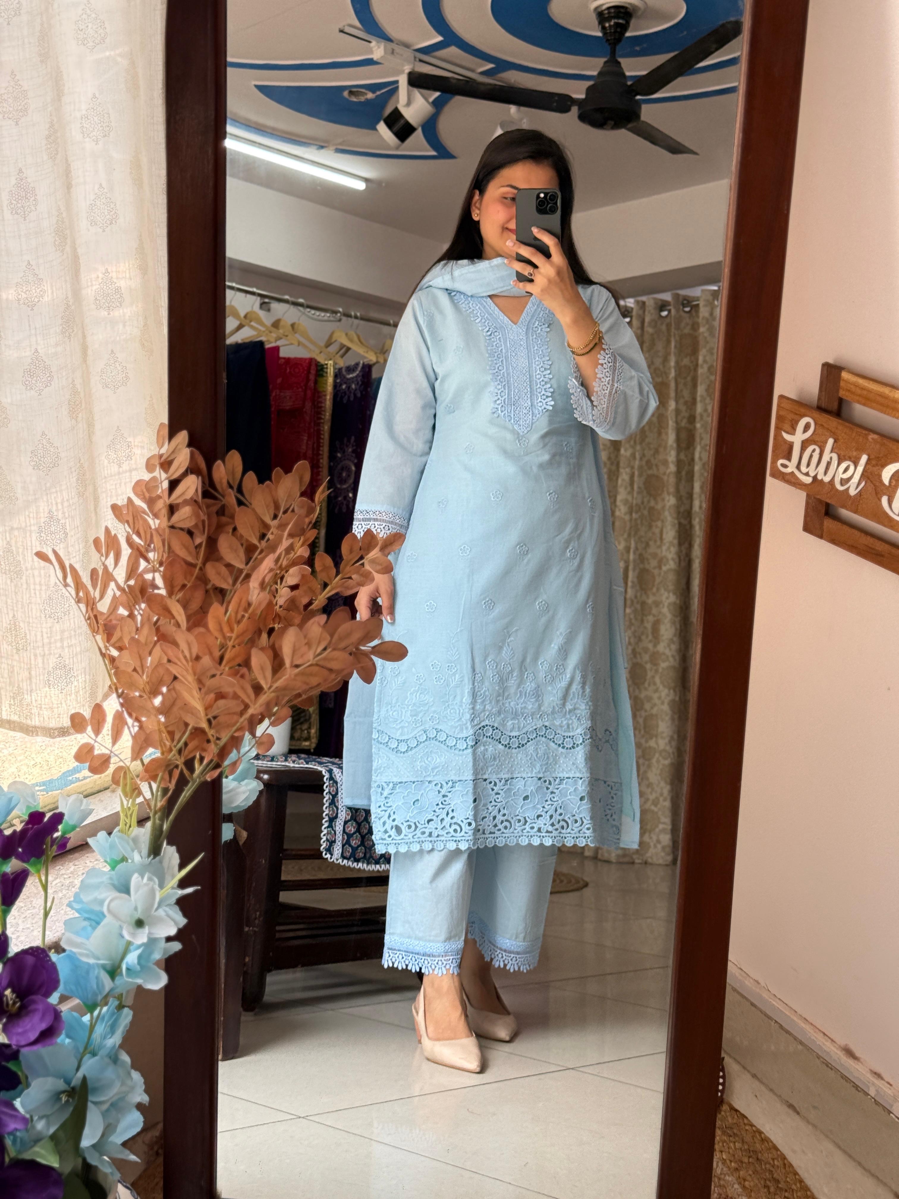 Sky Blue Cotton Pakistani Suit Set for Women | Embroidered Ethnic Suit with Dupatta
