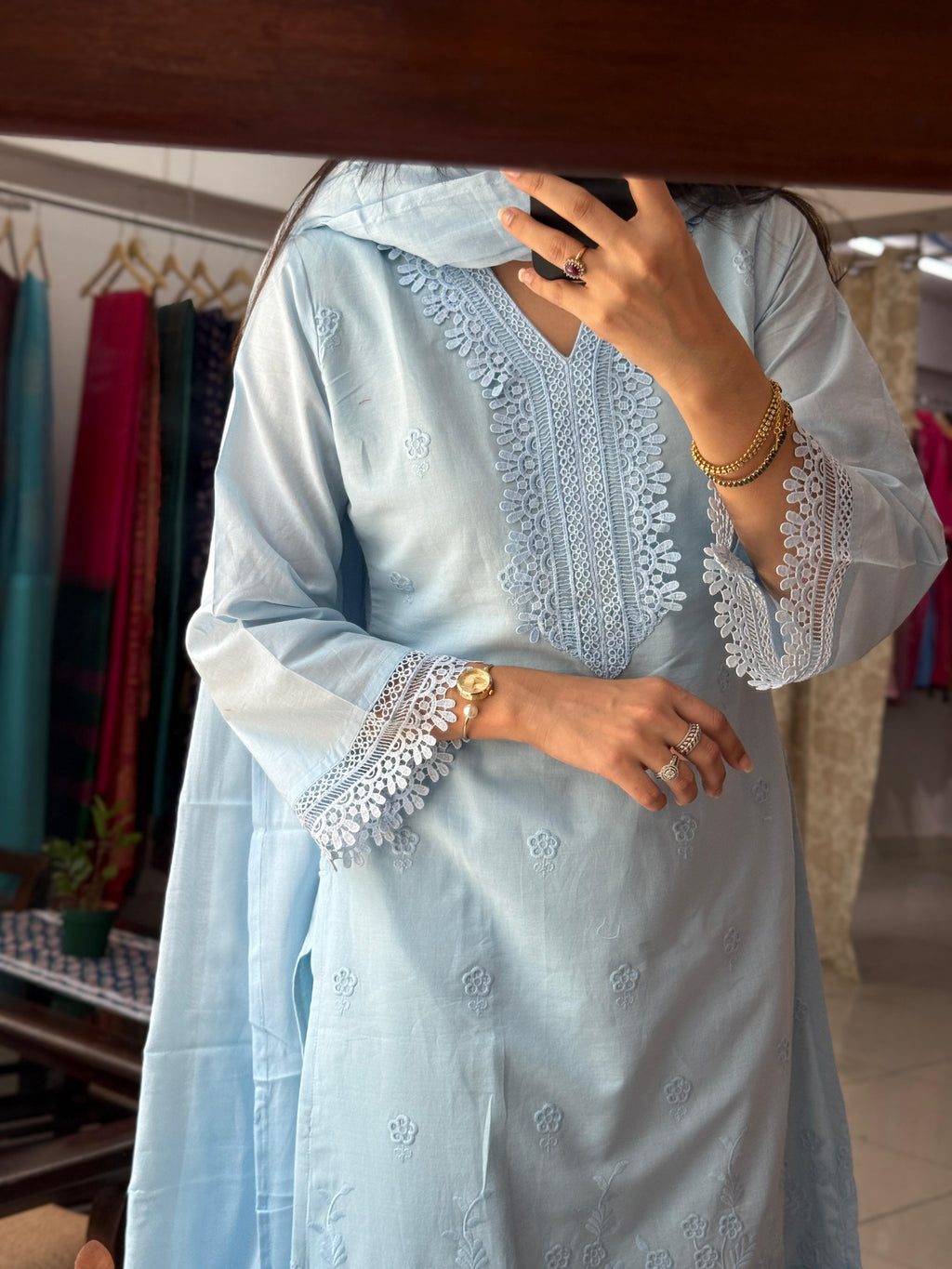 Sky Blue Cotton Pakistani Suit Set for Women | Embroidered Ethnic Suit with Dupatta