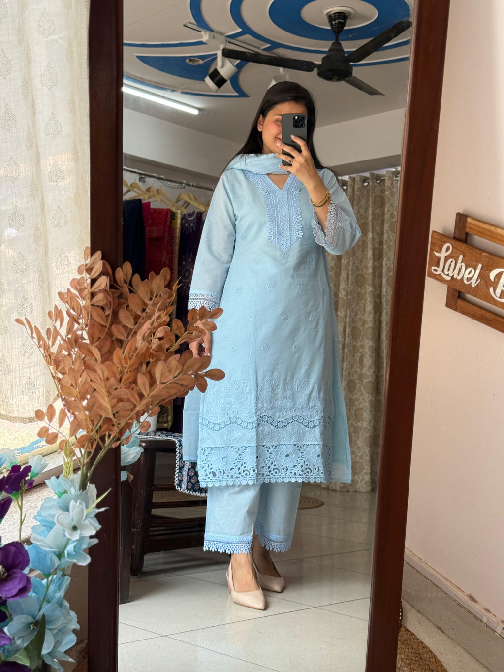 Sky Blue Cotton Pakistani Suit Set for Women | Embroidered Ethnic Suit with Dupatta