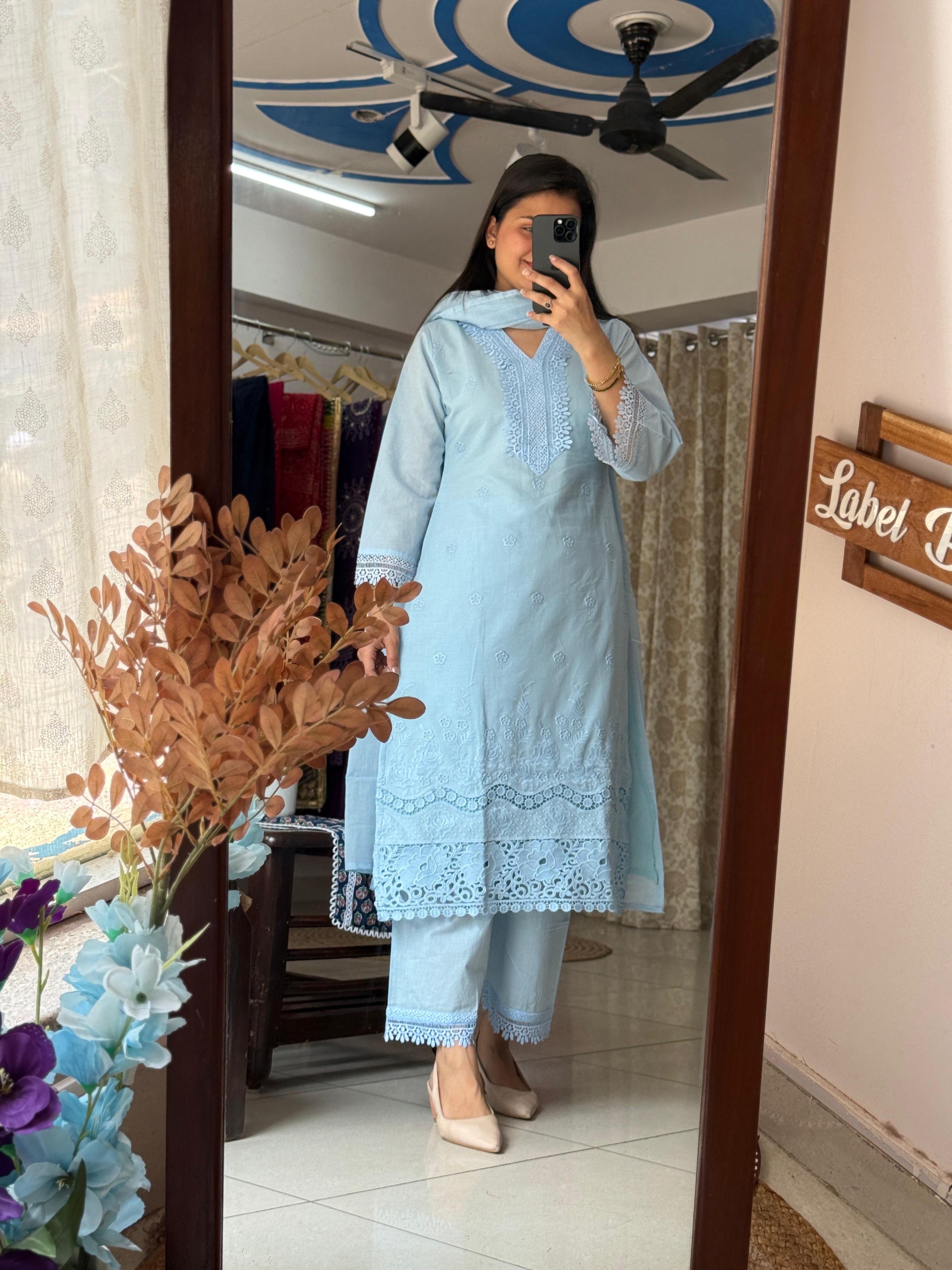 Sky Blue Cotton Pakistani Suit Set for Women | Embroidered Ethnic Suit with Dupatta