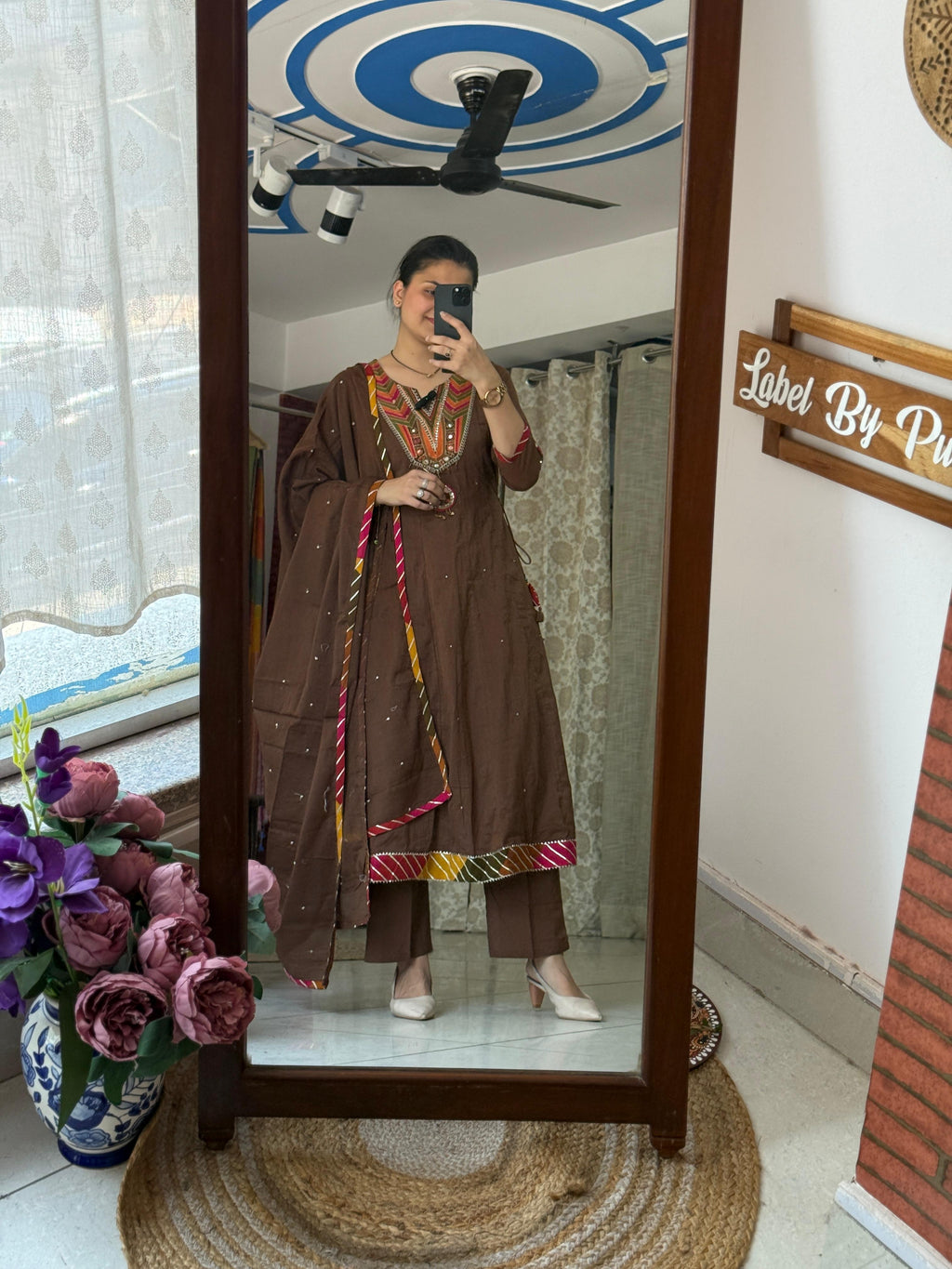 Brown Cotton Anarkali Suit Set for Women | Embroidered Ethnic Suit with Dupatta