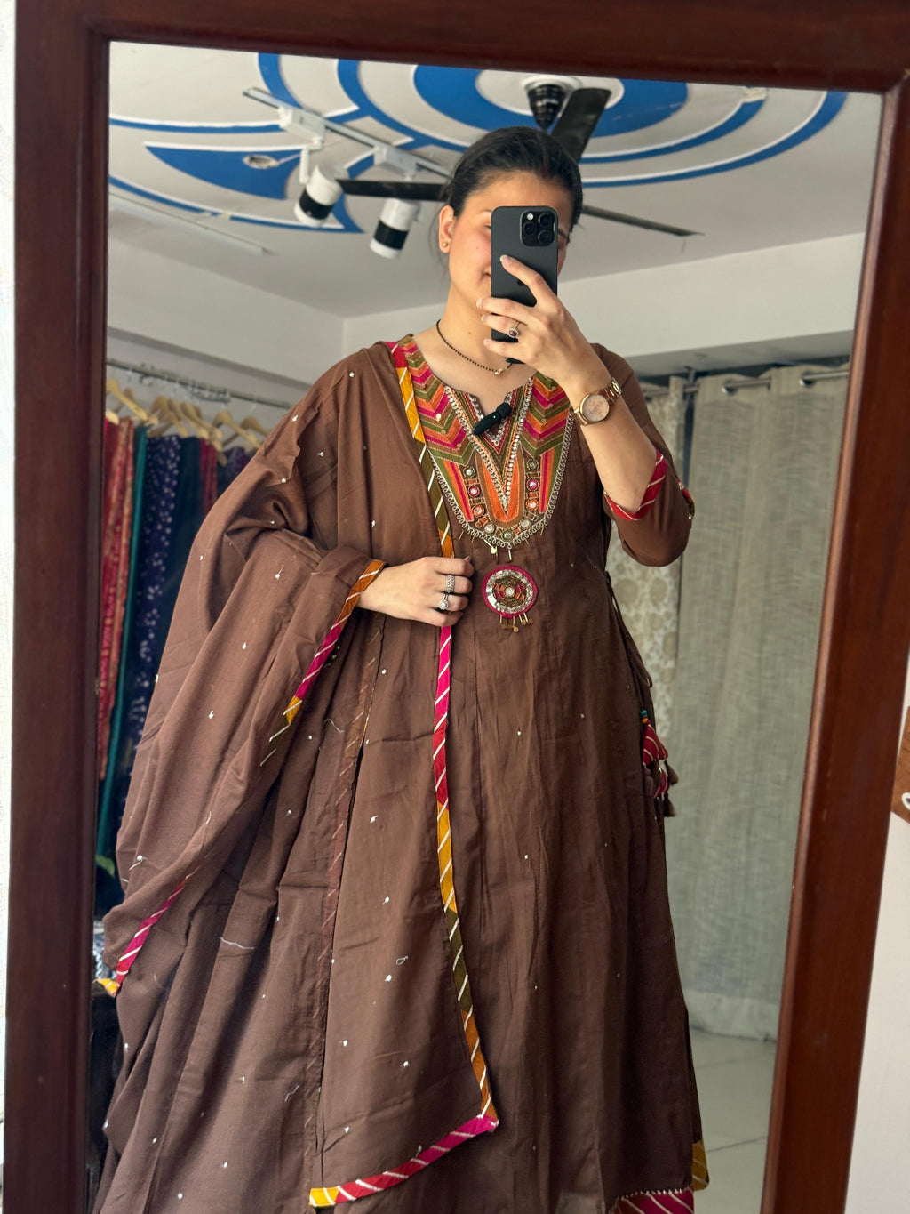 Brown Cotton Anarkali Suit Set for Women | Embroidered Ethnic Suit with Dupatta