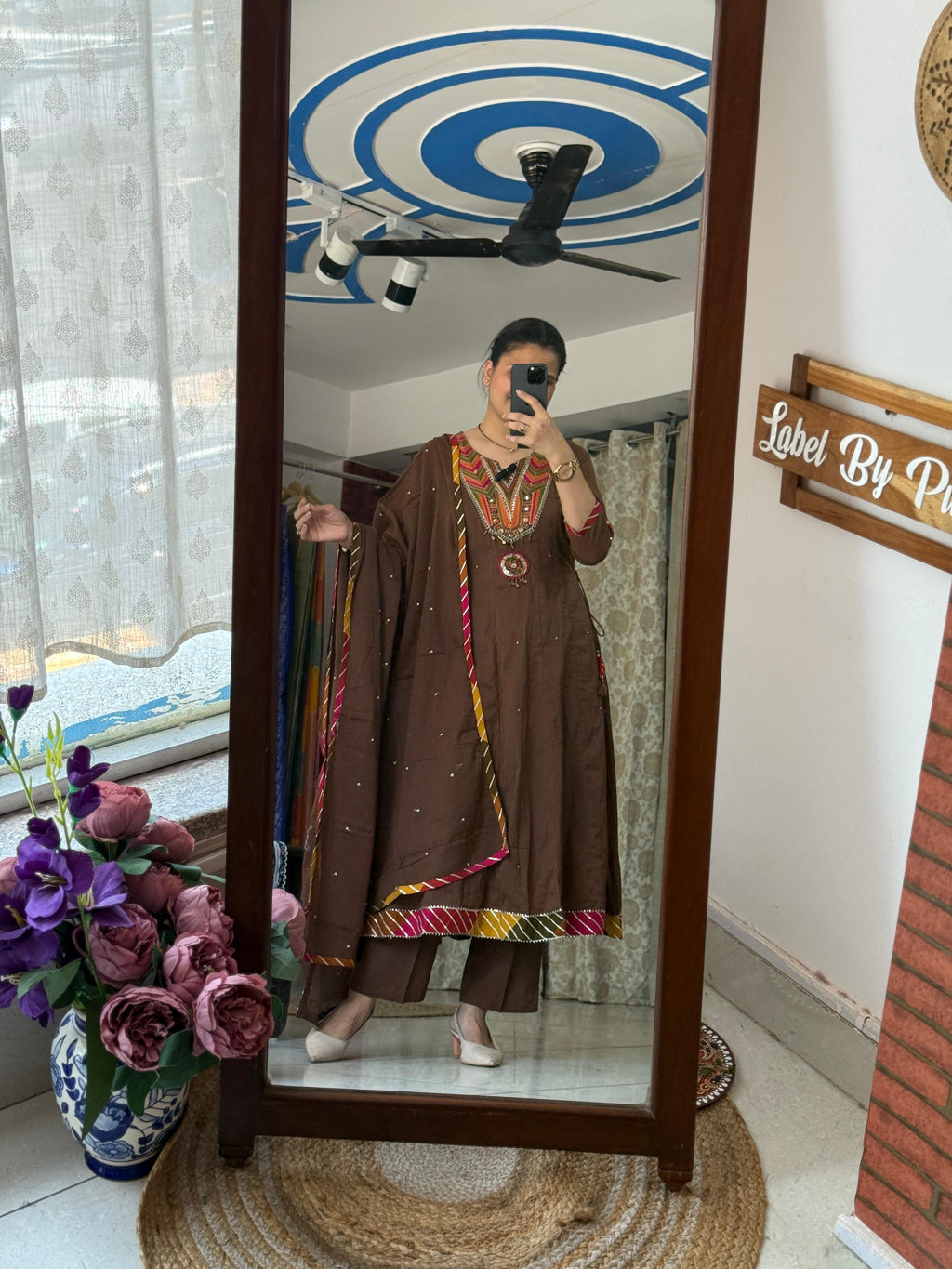 Brown Cotton Anarkali Suit Set for Women with Embroidered Neckline and Matching Dupatta | Label By Pushp