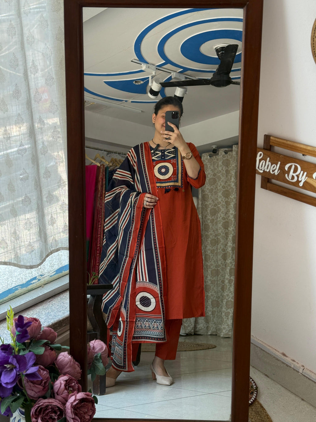 Rust Orange Suit Set for Women with Embroidered Yoke and Printed Dupatta | Label By Pushp