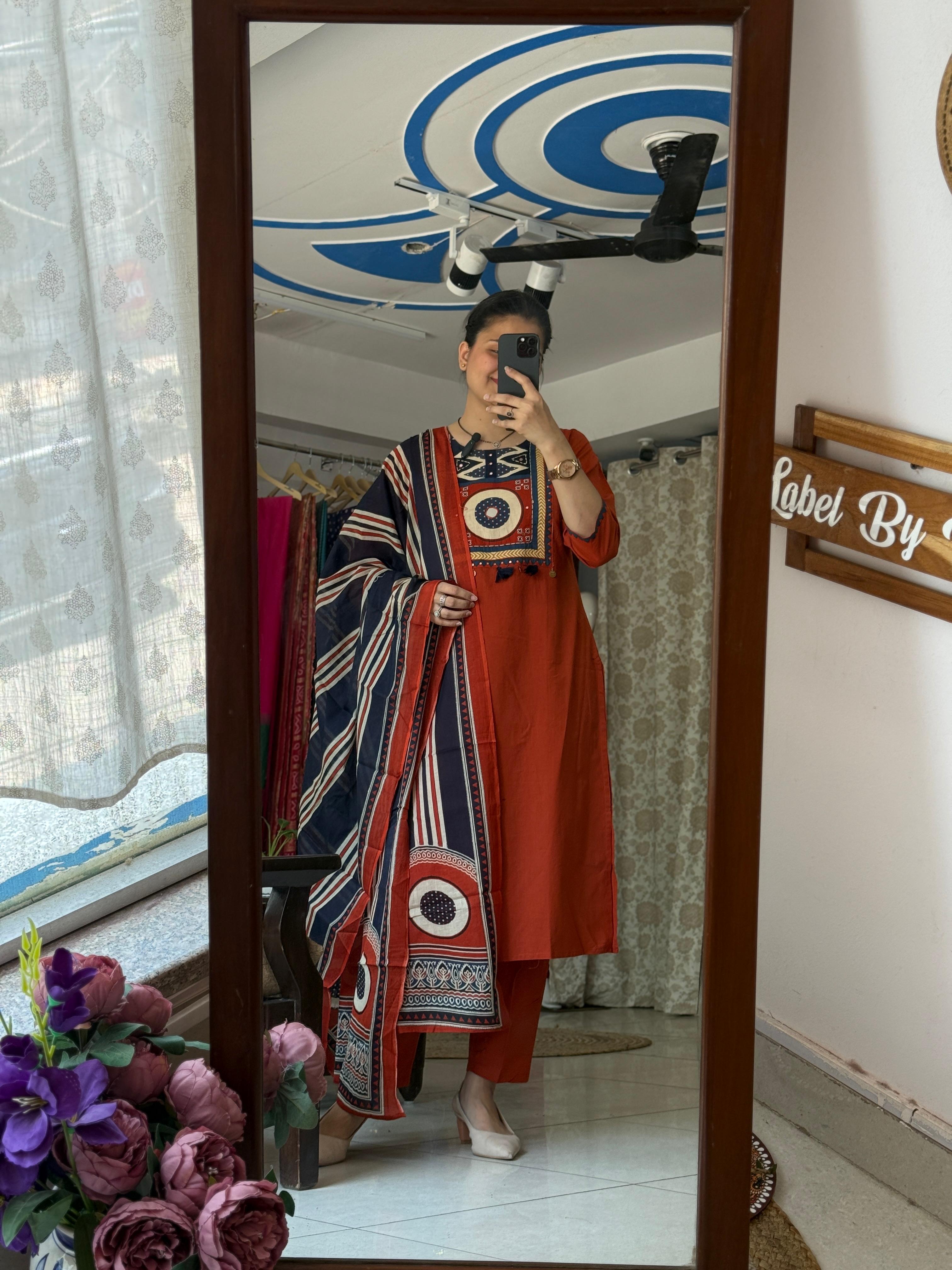 Rust Orange Suit Set for Women with Embroidered Yoke and Printed Dupatta | Label By Pushp