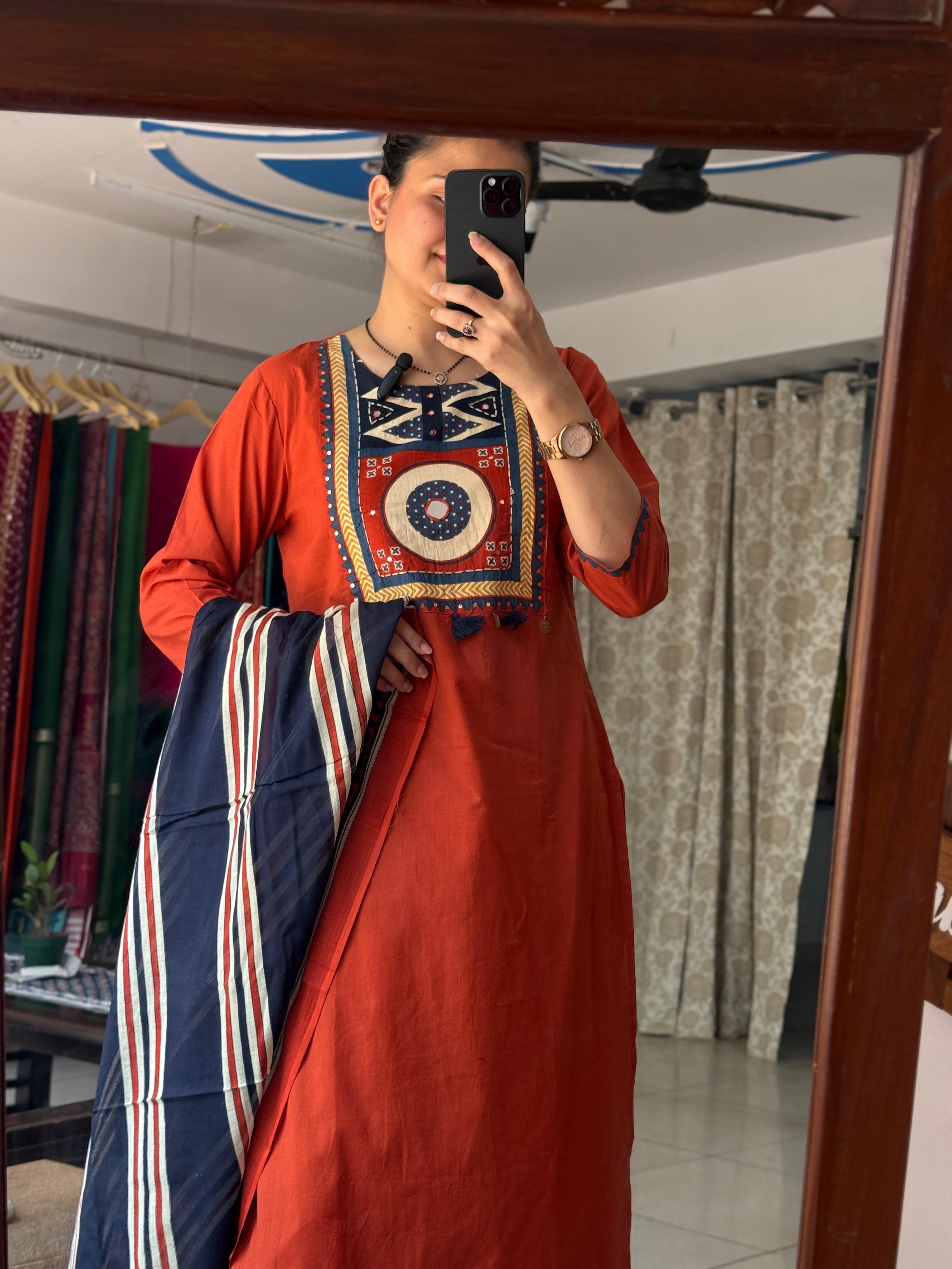 Rust Orange Suit Set for Women | Printed Ethnic Suit with Dupatta