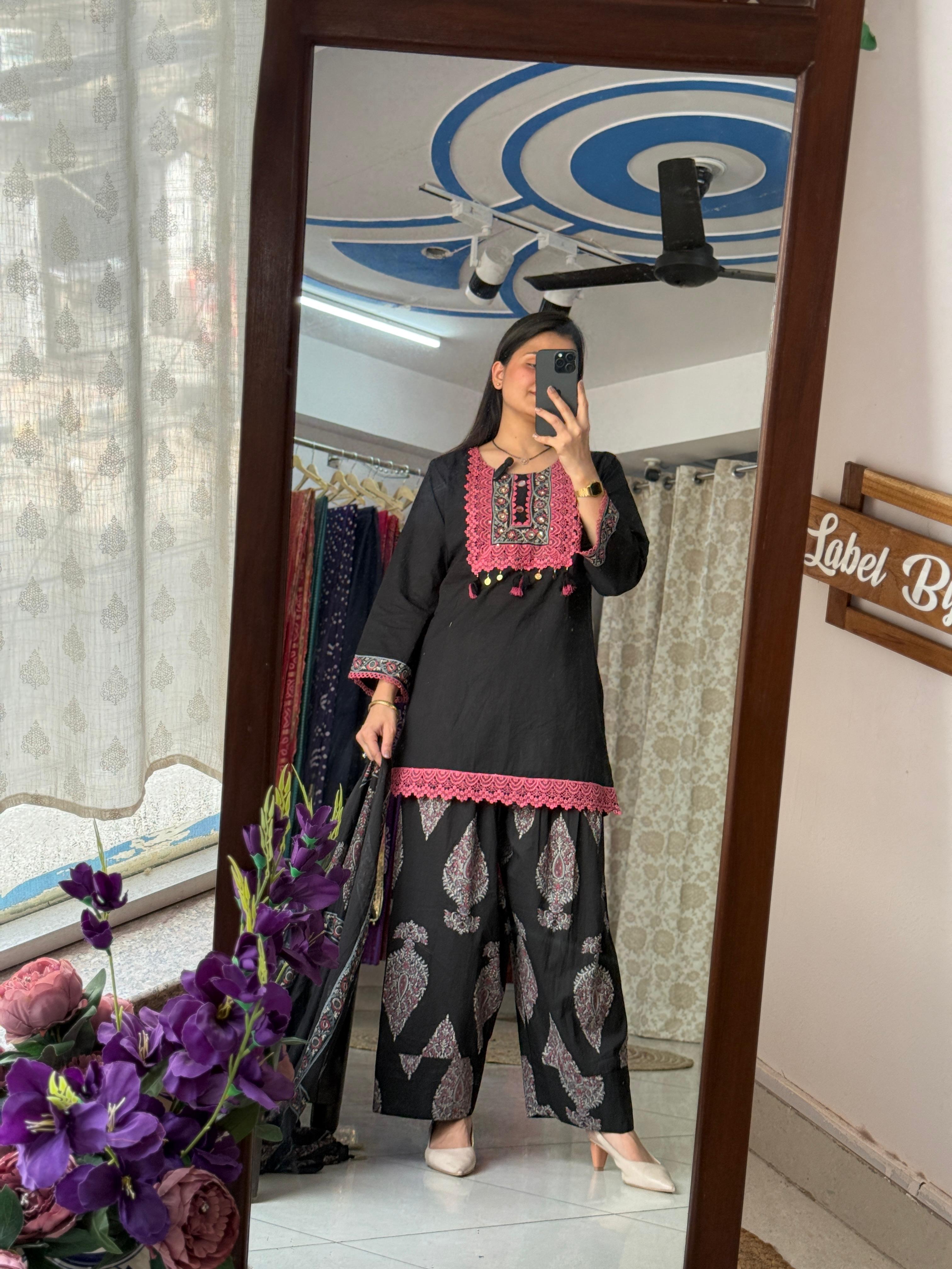 Black Farshi Salwar Set for Women with Embroidered Kurta and Printed Dupatta | Label By Pushp