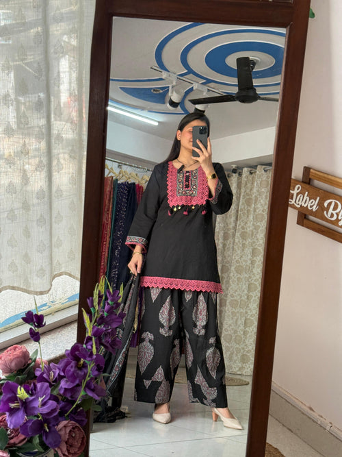 Black Farshi Salwar Set for Women with Embroidered Kurta and Printed Dupatta | Label By Pushp