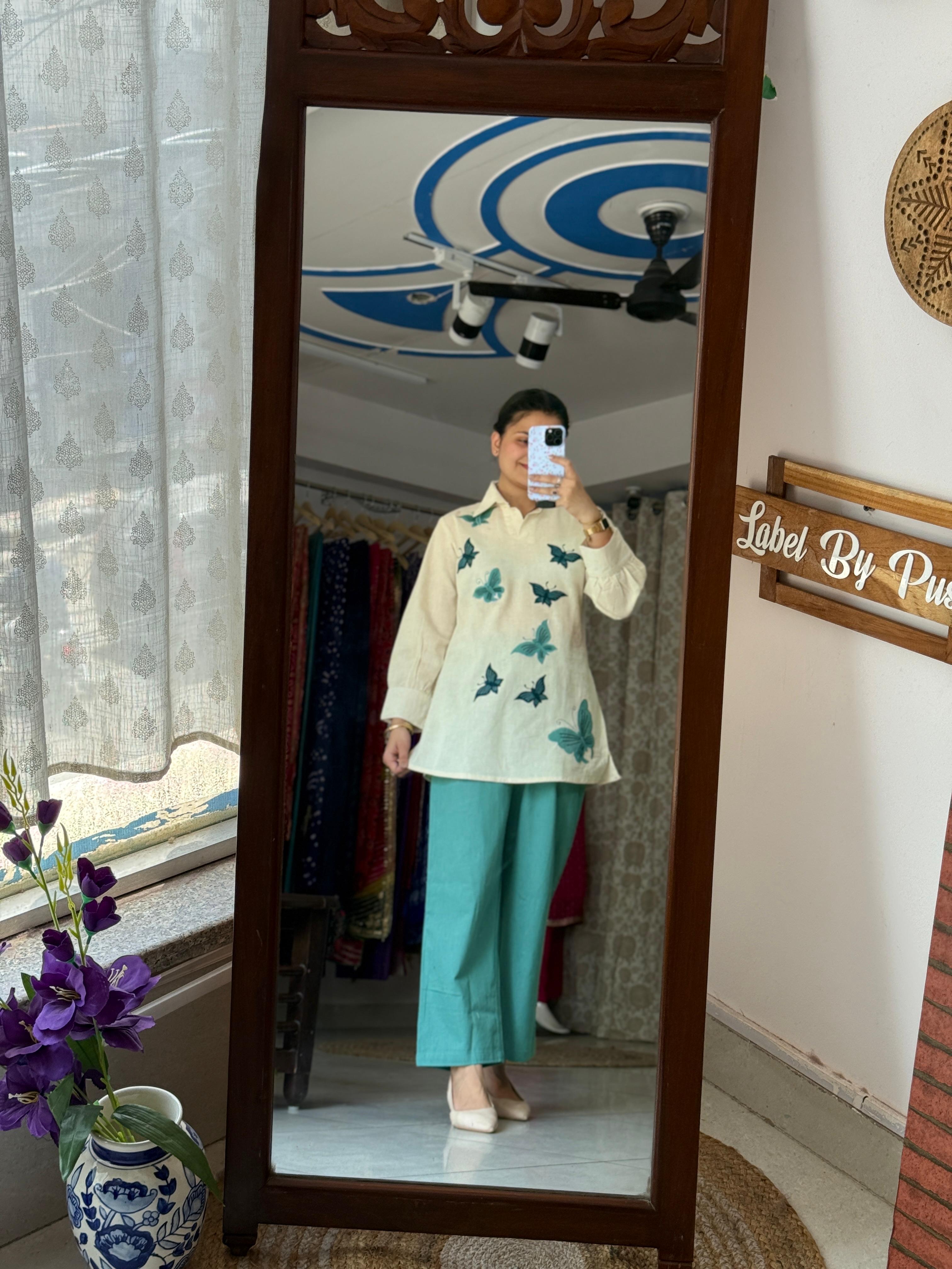 Butterfly Printed Cotton Co-Ord Set for Women with Matching Teal Pants | Label By Pushp