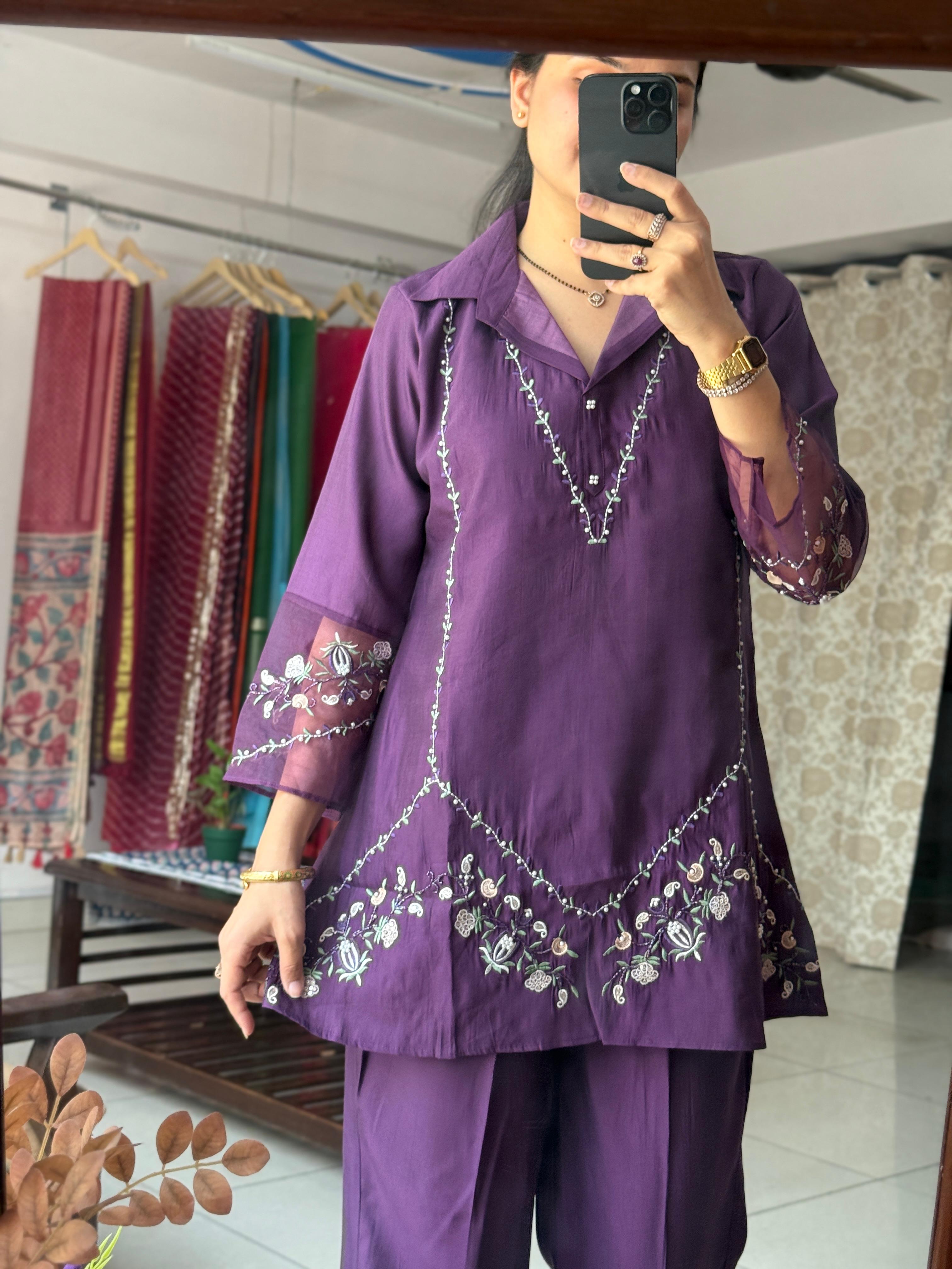 Purple Handwork Co-Ord Set for Women | Embroidered Cotton Co-Ord Set